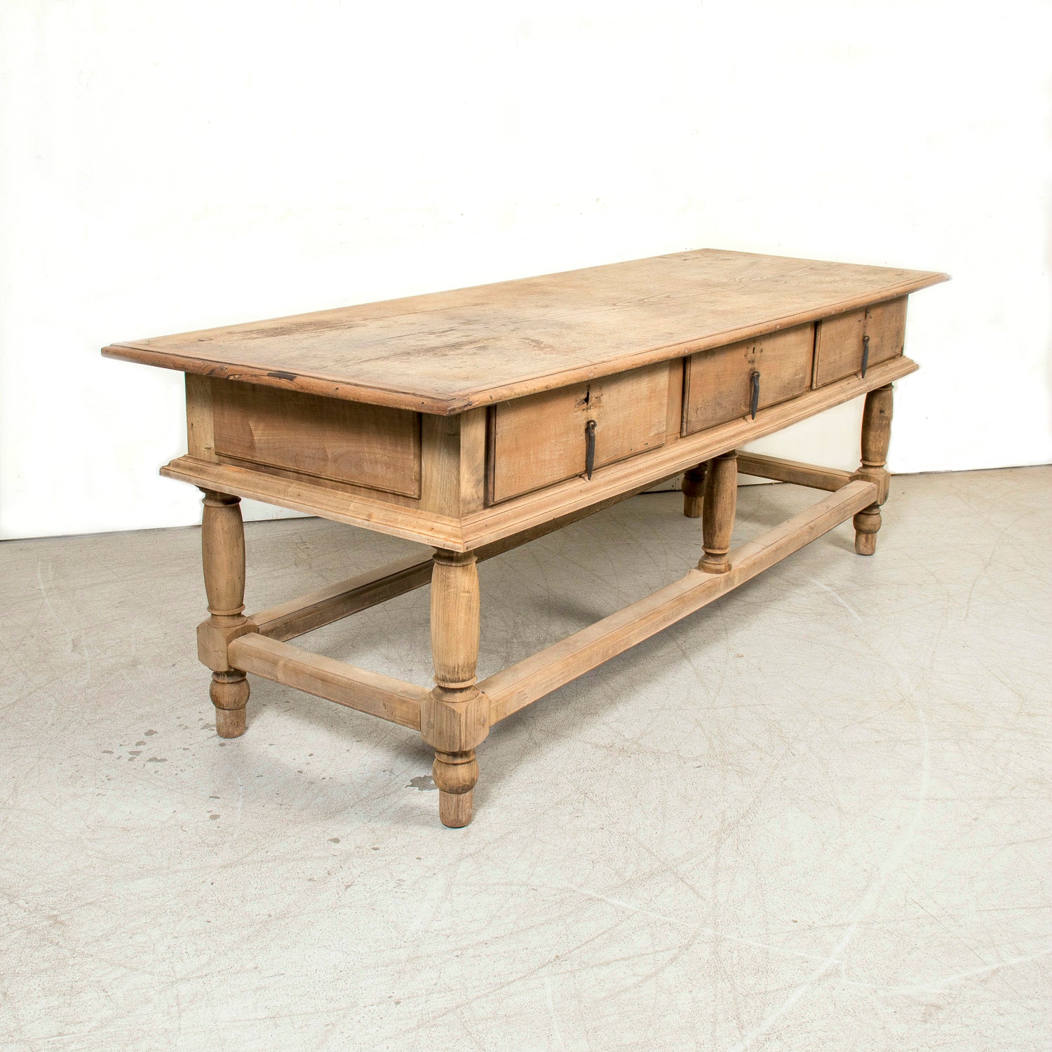 Large 19th Century Bleached Oak Spanish Island or Work Table with Three Drawers