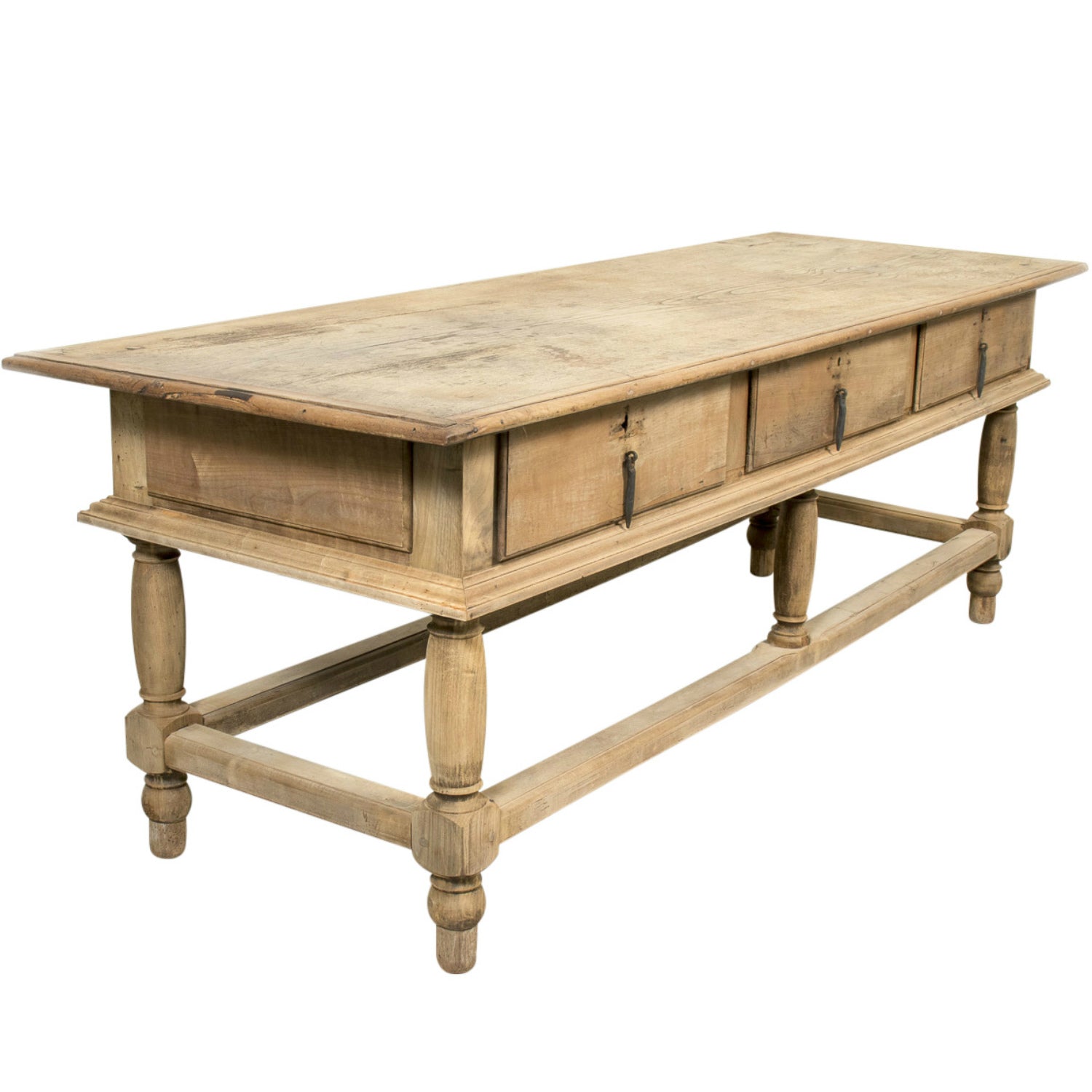 Large 19th Century Bleached Oak Spanish Island or Work Table with Three Drawers