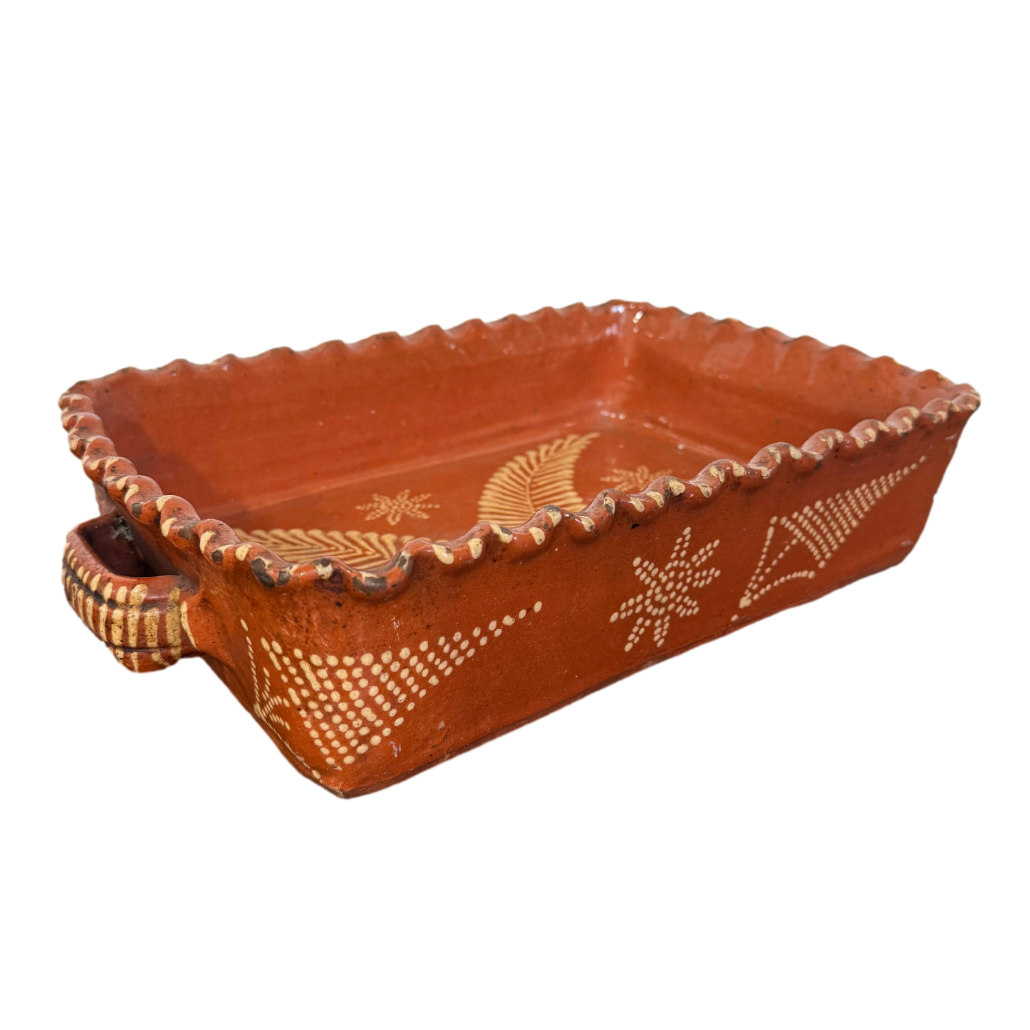 19th Century Portuguese Red Slipware Baking Dish with Fern Leaf Design and Ruffled Edge