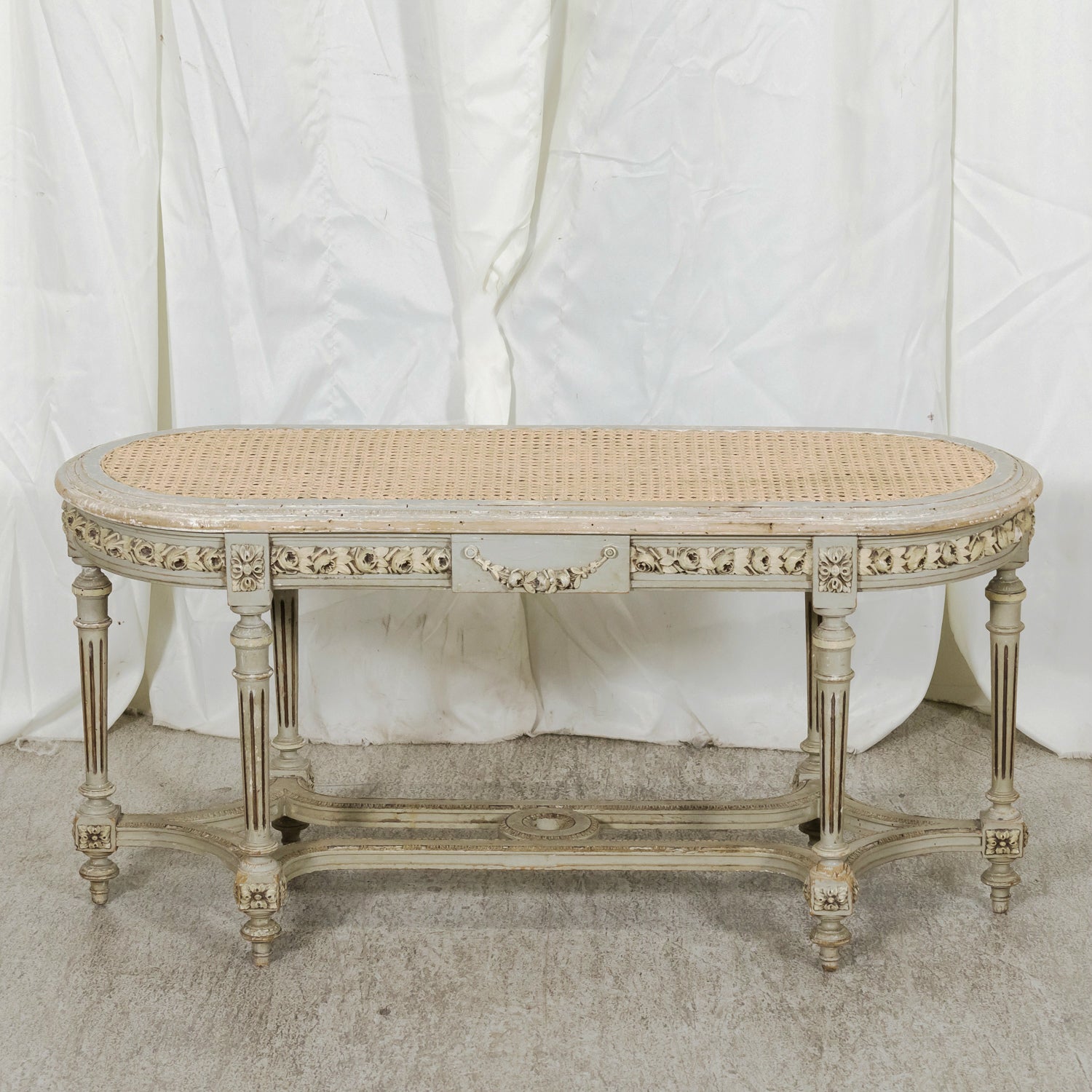 19th Century French Louis XVI Style Carved and Painted Oval Cane Bench