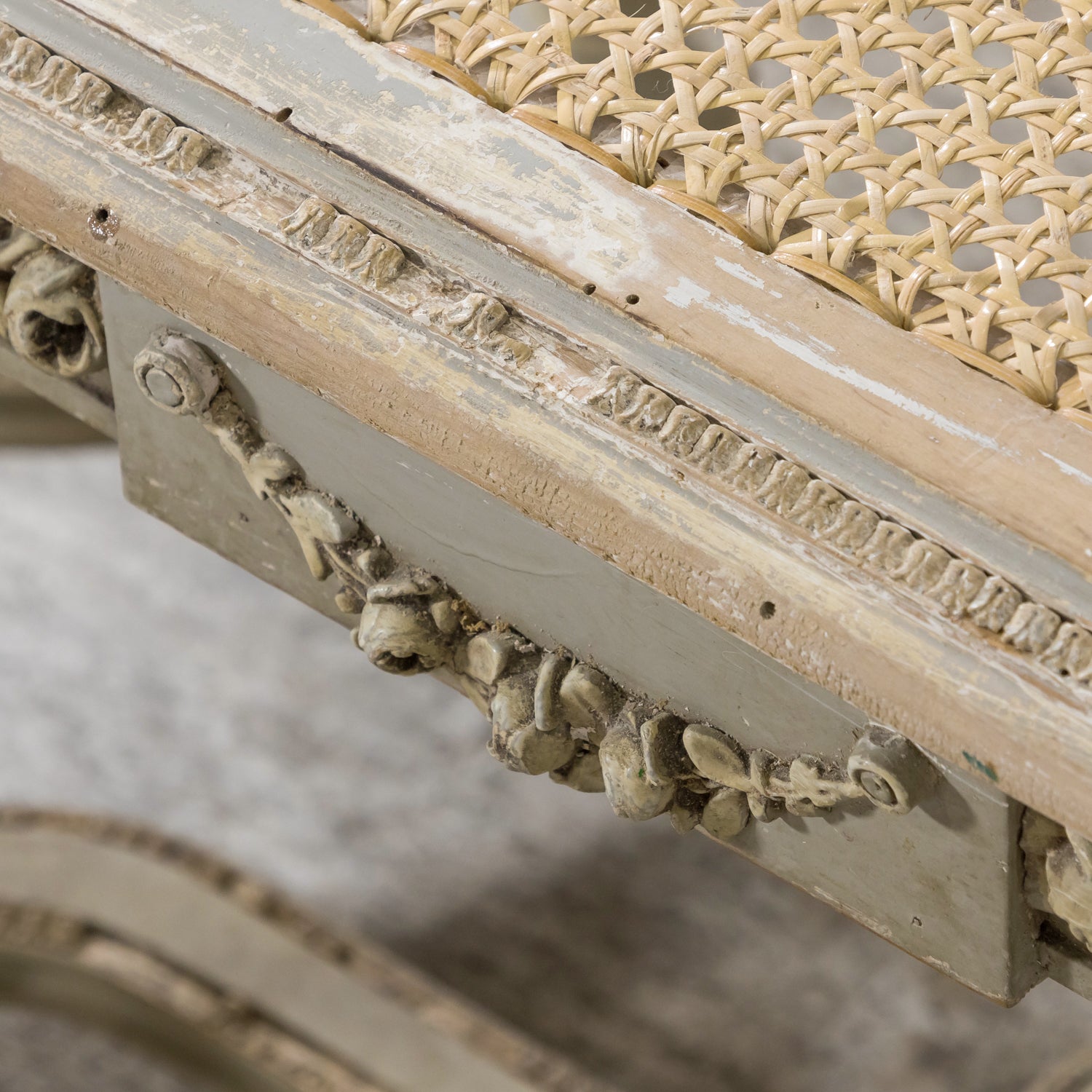 19th Century French Louis XVI Style Carved and Painted Oval Cane Bench