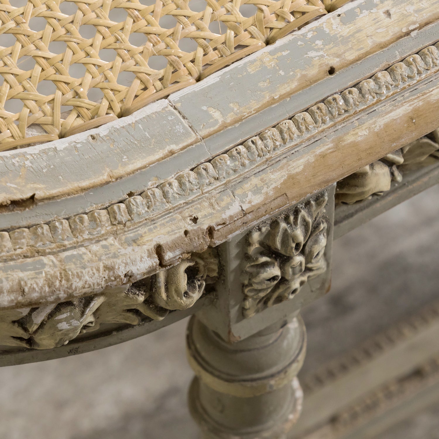 19th Century French Louis XVI Style Carved and Painted Oval Cane Bench