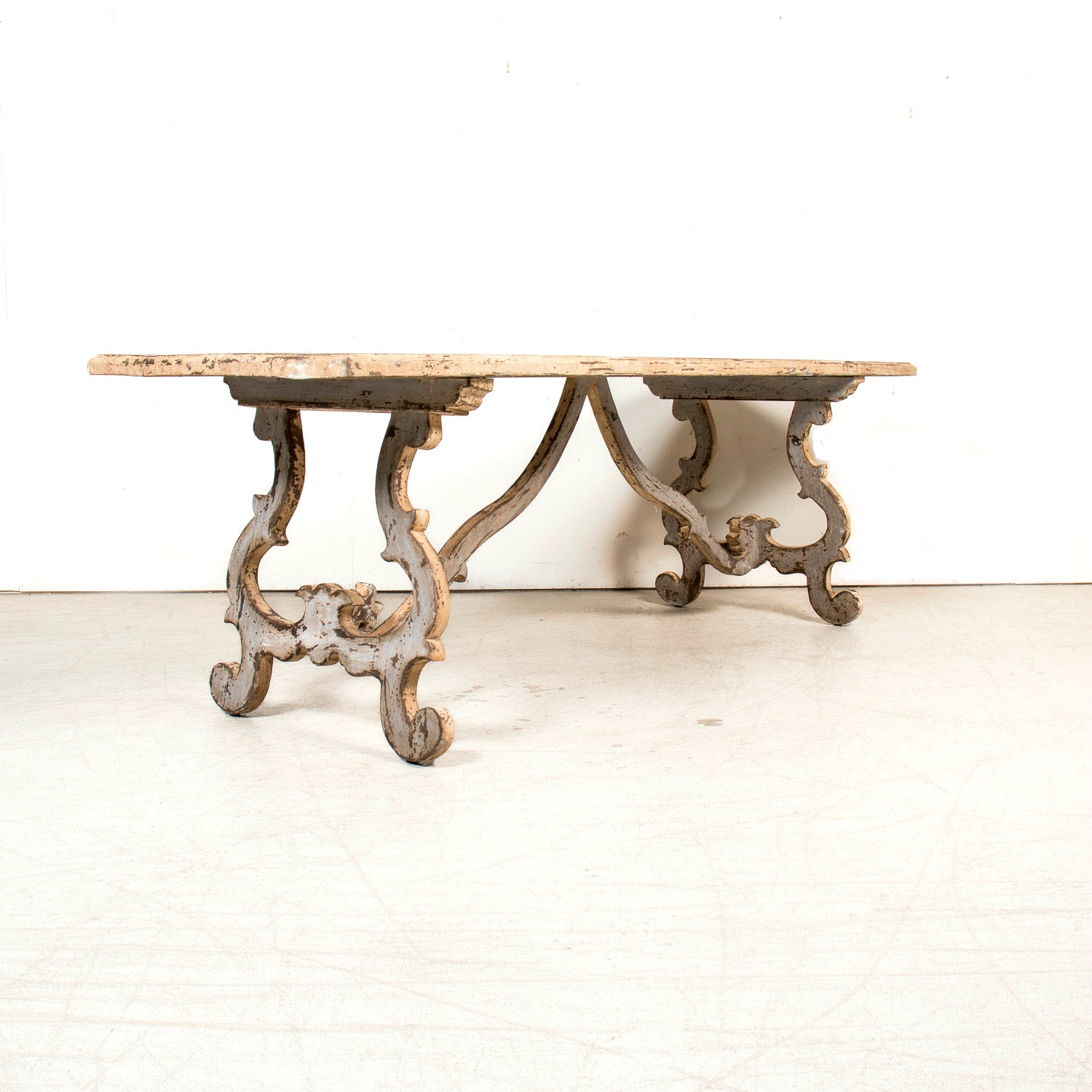 19th Century Italian Baroque Style Polychrome Trestle Table with Carved Lyre Bases