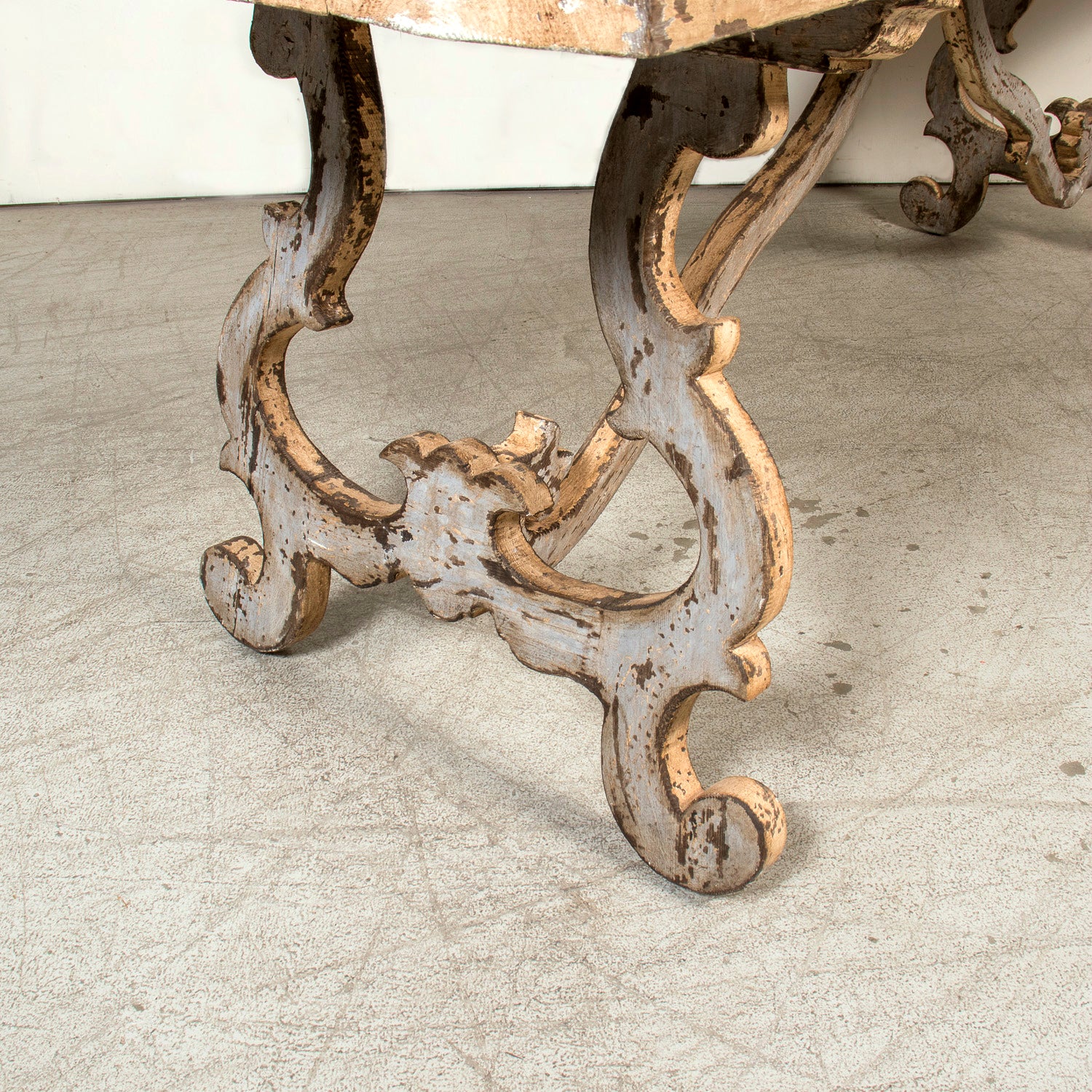 19th Century Italian Baroque Style Polychrome Trestle Table with Carved Lyre Bases