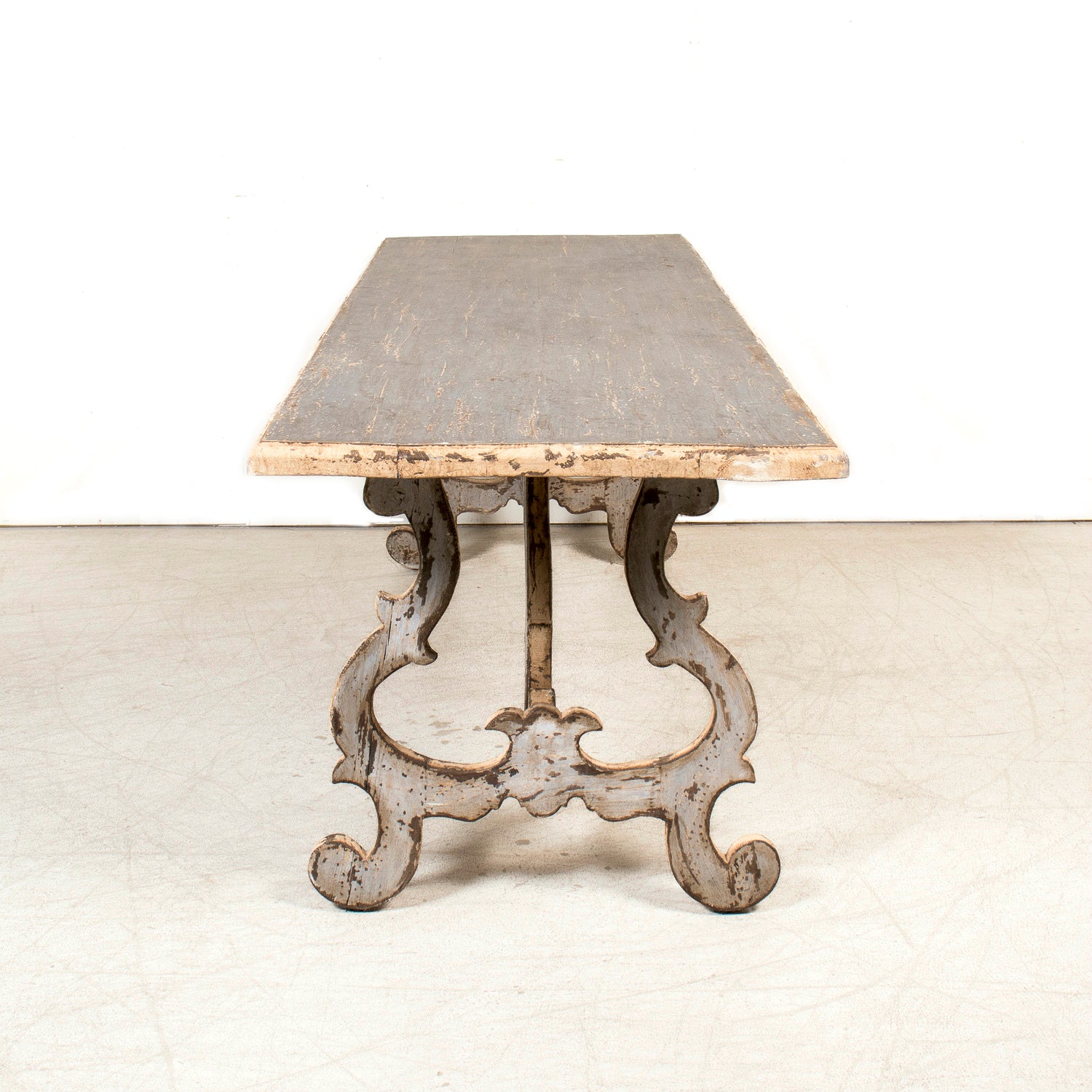 19th Century Italian Baroque Style Polychrome Trestle Table with Carved Lyre Bases
