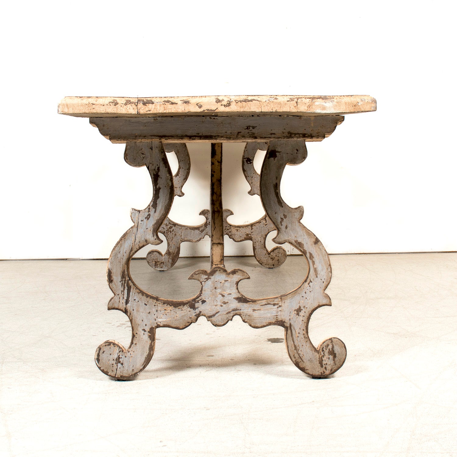 19th Century Italian Baroque Style Polychrome Trestle Table with Carved Lyre Bases