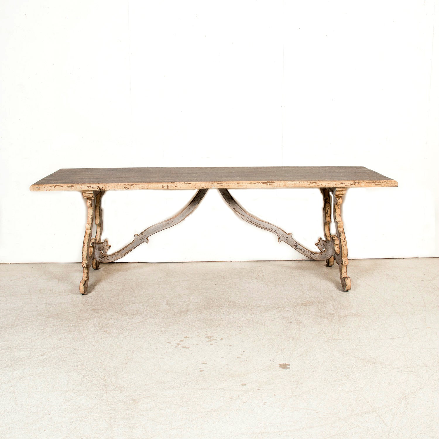 19th Century Italian Baroque Style Polychrome Trestle Table with Carved Lyre Bases