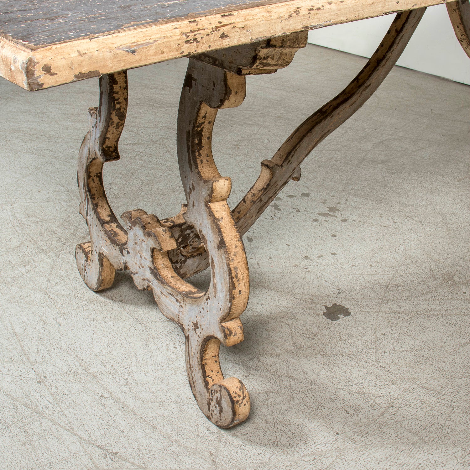 19th Century Italian Baroque Style Polychrome Trestle Table with Carved Lyre Bases
