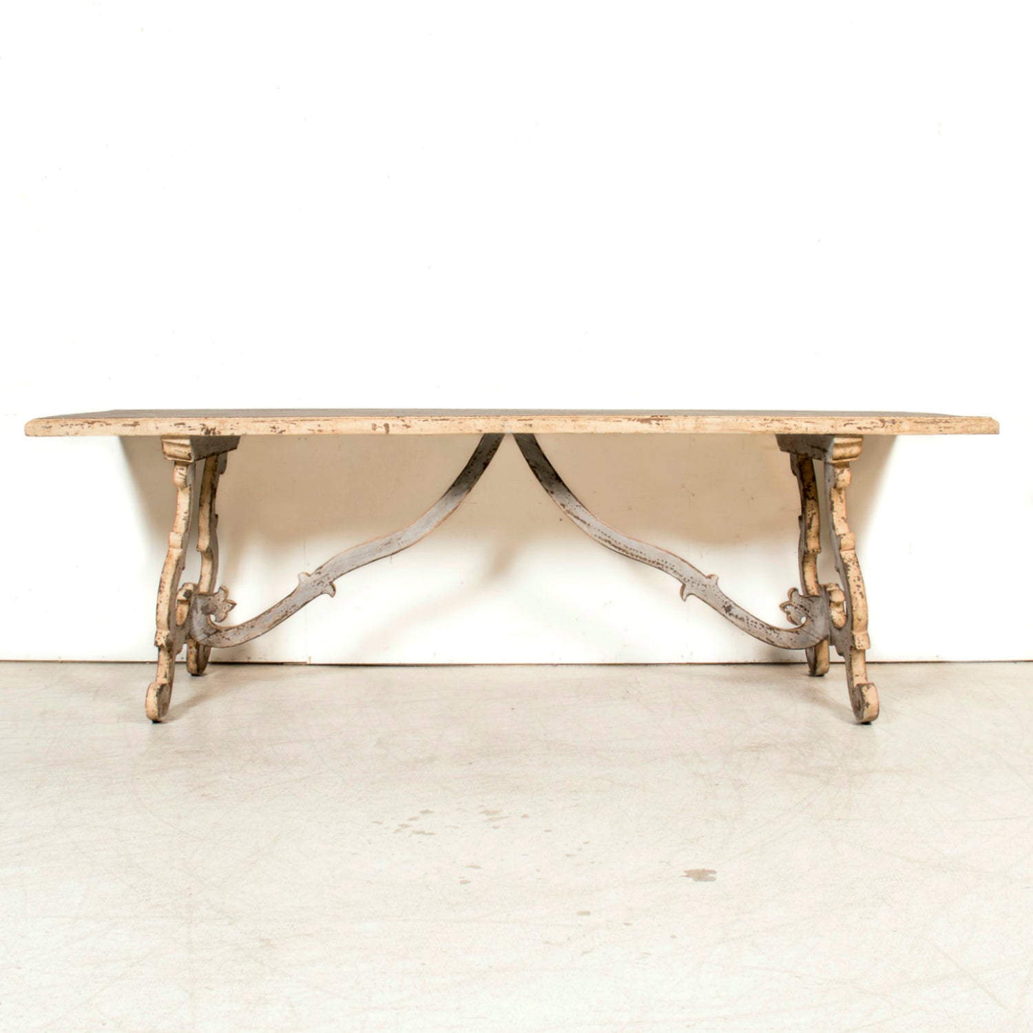 19th Century Italian Baroque Style Polychrome Trestle Table with Carved Lyre Bases