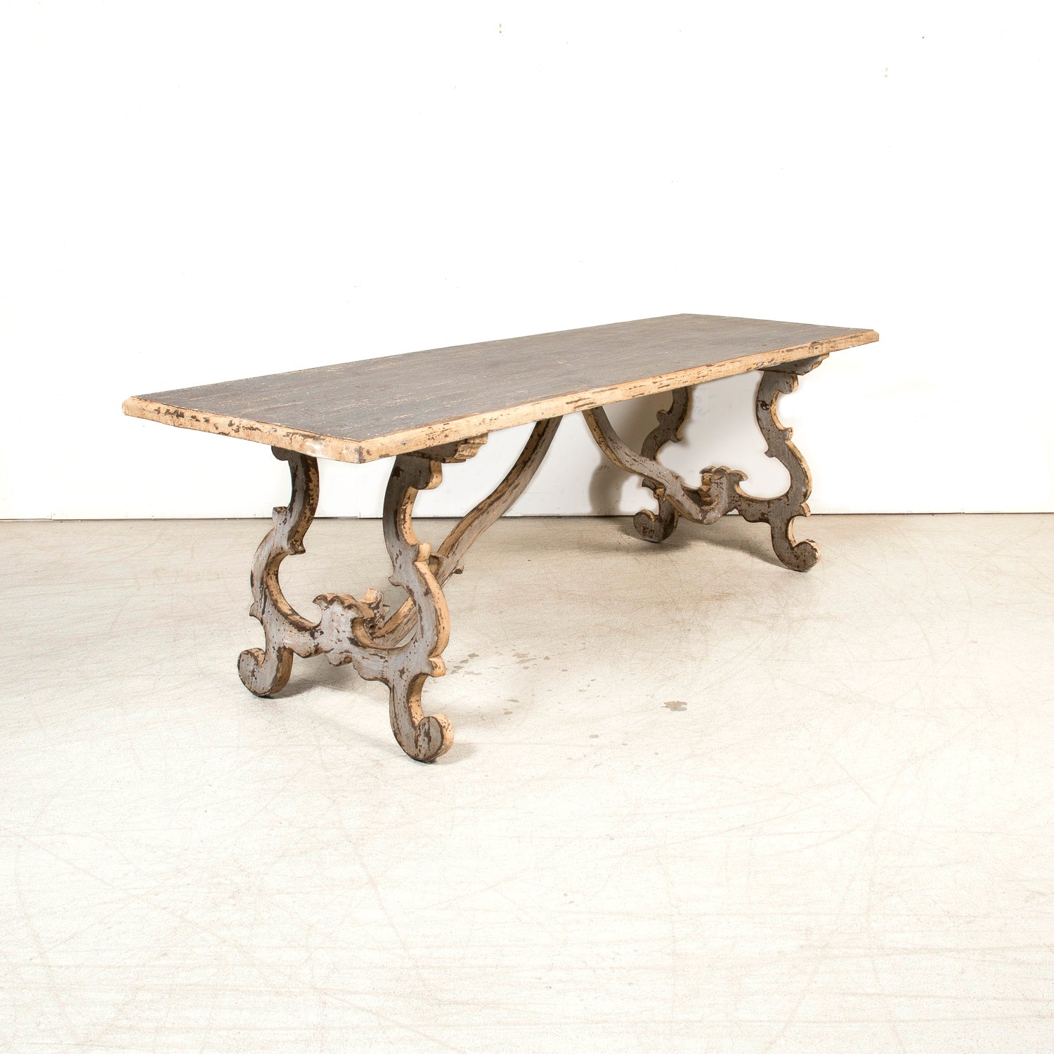 19th Century Italian Baroque Style Polychrome Trestle Table with Carved Lyre Bases