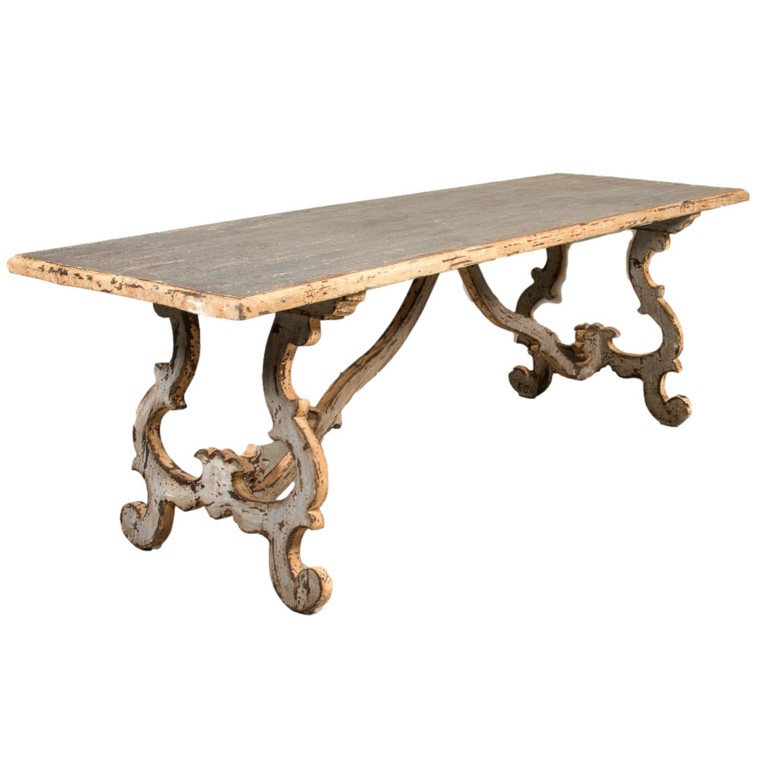19th Century Italian Baroque Style Polychrome Trestle Table with Carved Lyre Bases