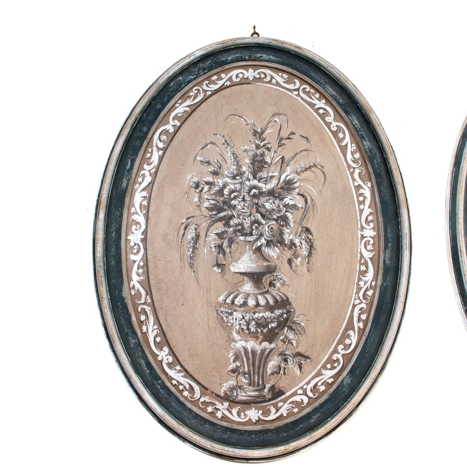 Large Pair of Italian Hand Painted Floral Still Lifes in Carved Painted Oval Frames