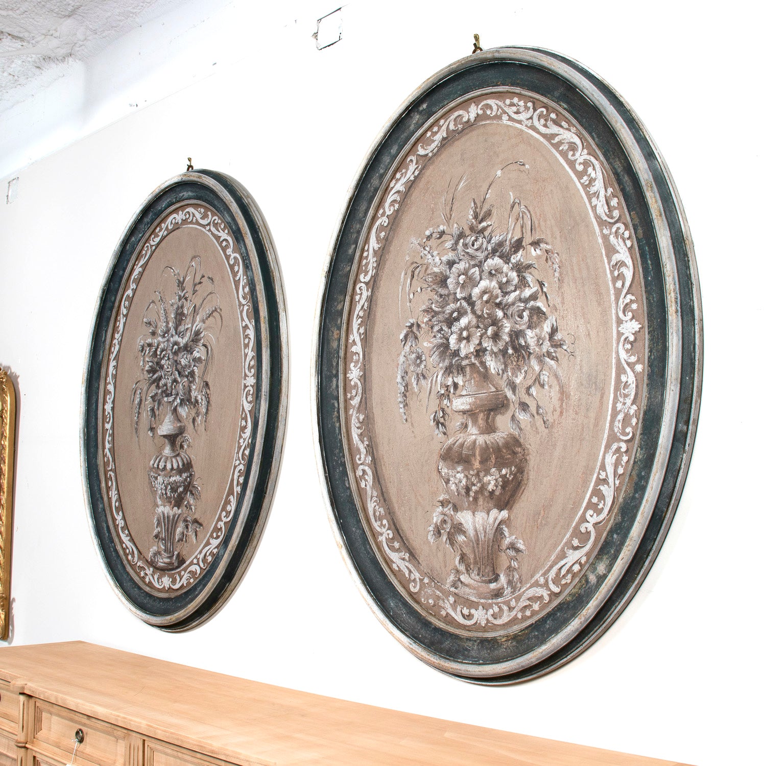 Large Pair of Italian Hand Painted Floral Still Lifes in Carved Painted Oval Frames