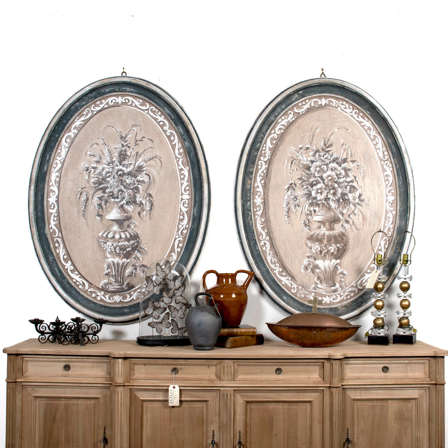 Large Pair of Italian Hand Painted Floral Still Lifes in Carved Painted Oval Frames