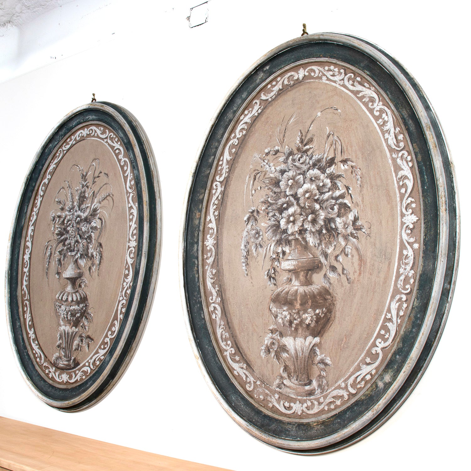 Large Pair of Italian Hand Painted Floral Still Lifes in Carved Painted Oval Frames