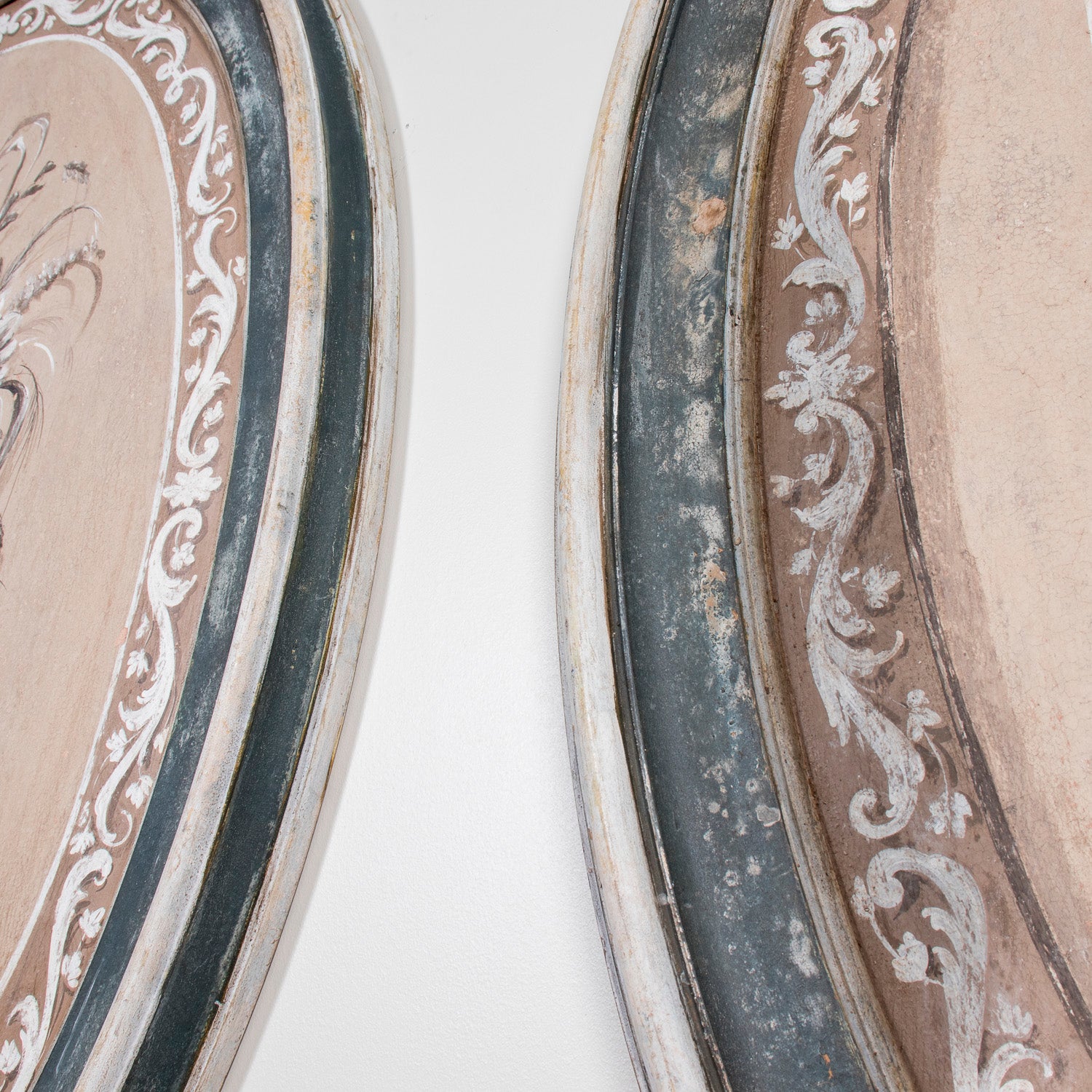 Large Pair of Italian Hand Painted Floral Still Lifes in Carved Painted Oval Frames