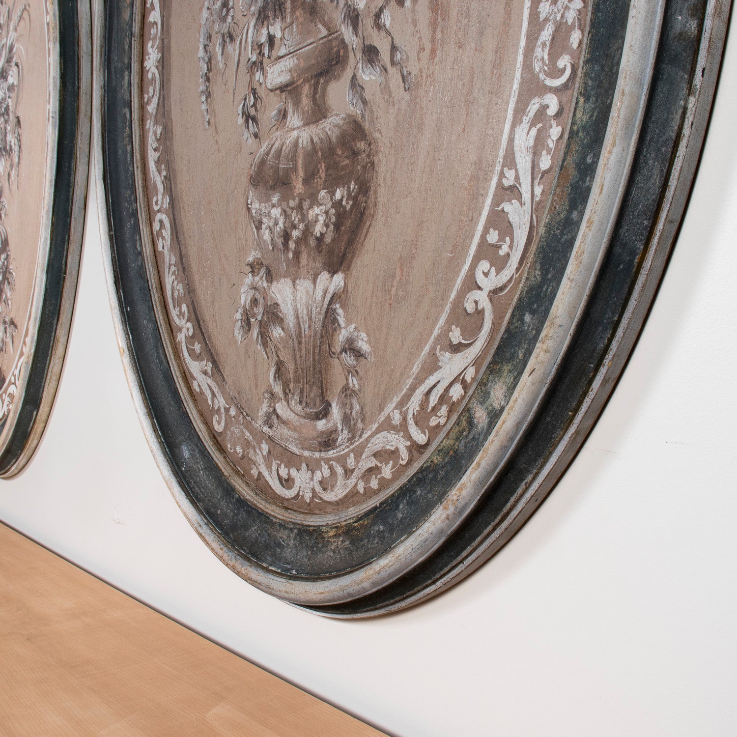 Large Pair of Italian Hand Painted Floral Still Lifes in Carved Painted Oval Frames