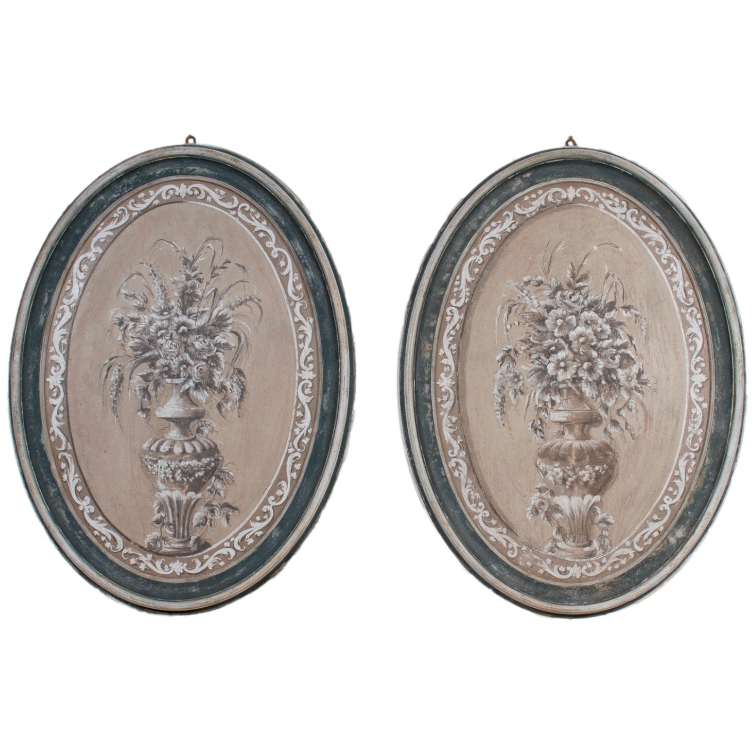 Large Pair of Italian Hand Painted Floral Still Lifes in Carved Painted Oval Frames