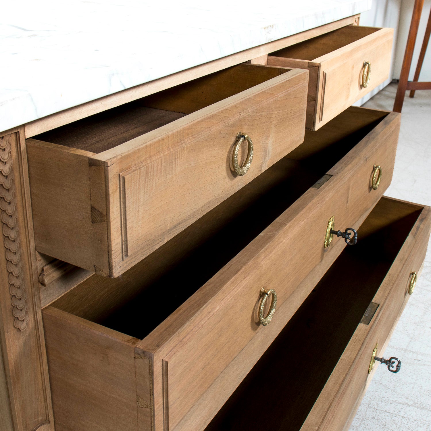 Early 20th Century French Louis XVI Style Bleached Walnut Four-Drawer Commode with Carrara Marble Top