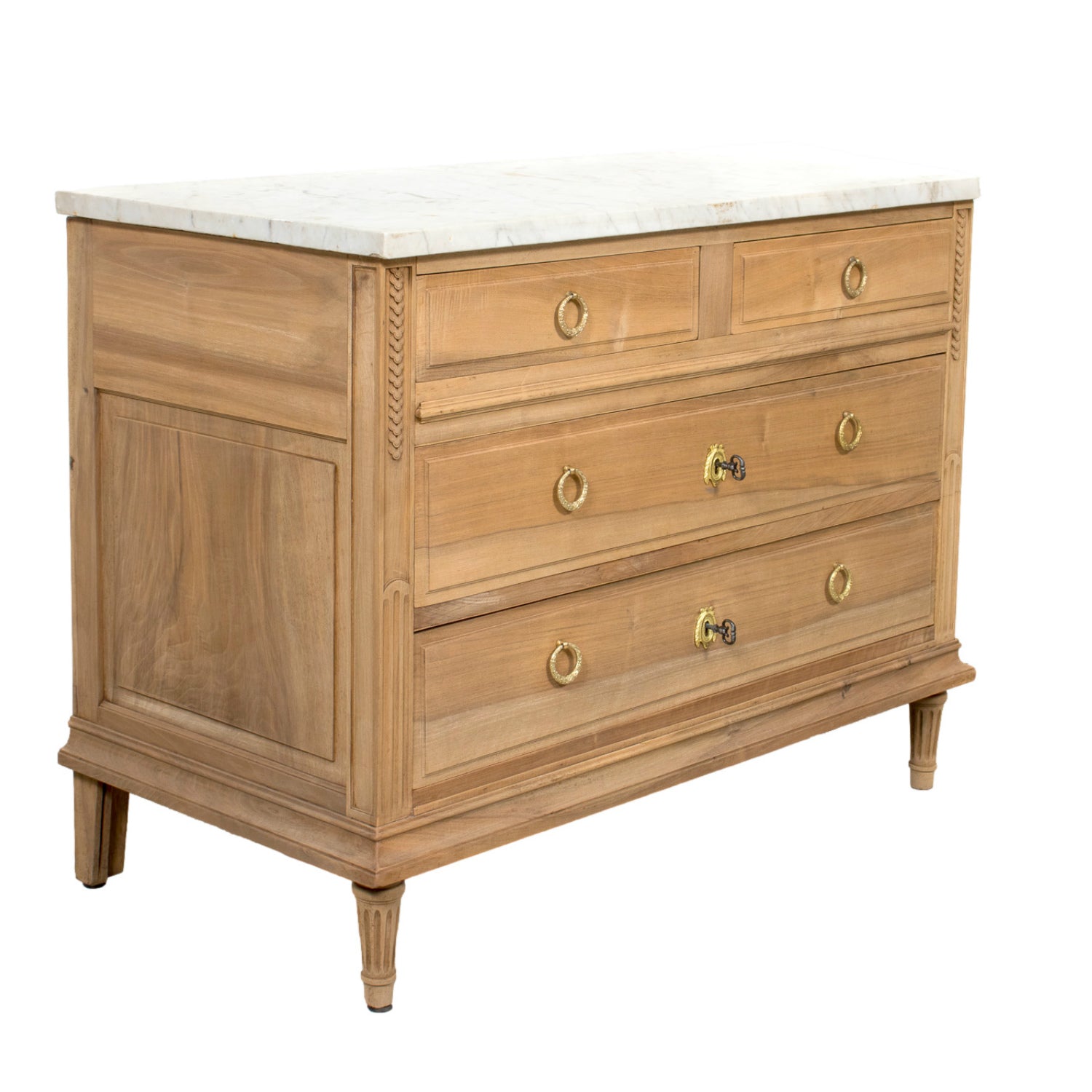 Early 20th Century French Louis XVI Style Bleached Walnut Four-Drawer Commode with Carrara Marble Top