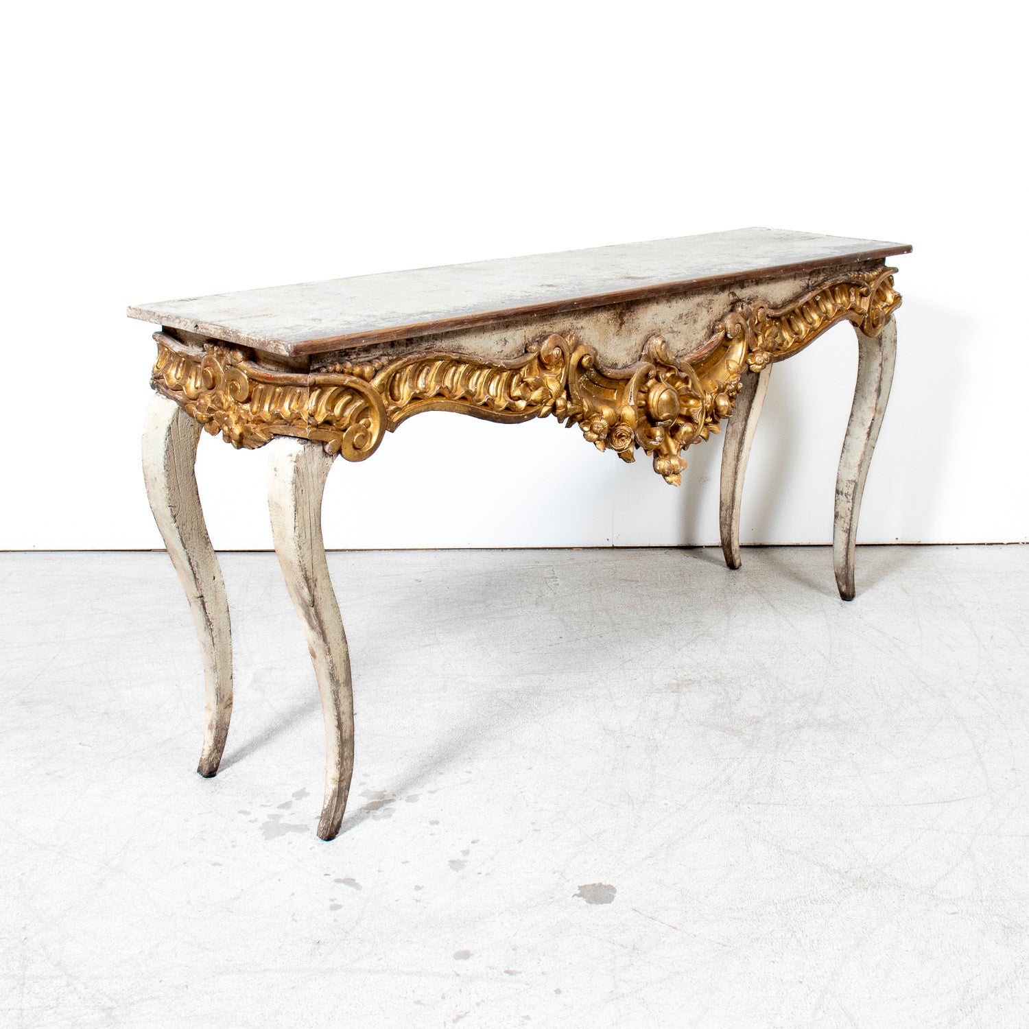 Custom Made French Louis XV Style Painted Rococo Wall Console with 18th-Century Giltwood Pelmet