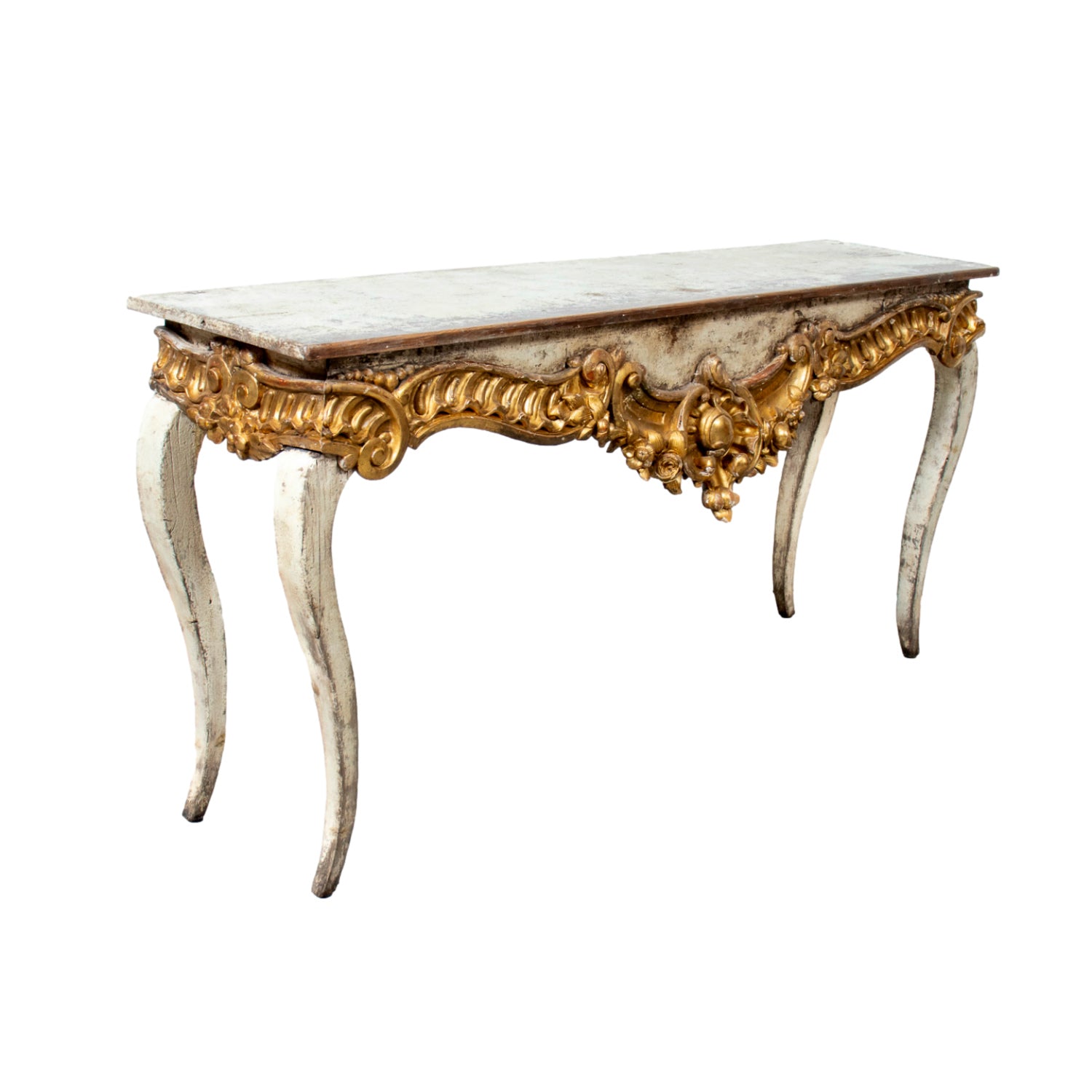 Custom Made French Louis XV Style Painted Rococo Wall Console with 18th-Century Giltwood Pelmet