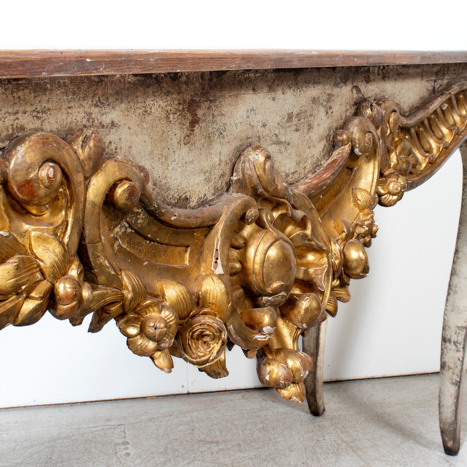 Custom Made French Louis XV Style Painted Rococo Wall Console with 18th-Century Giltwood Pelmet