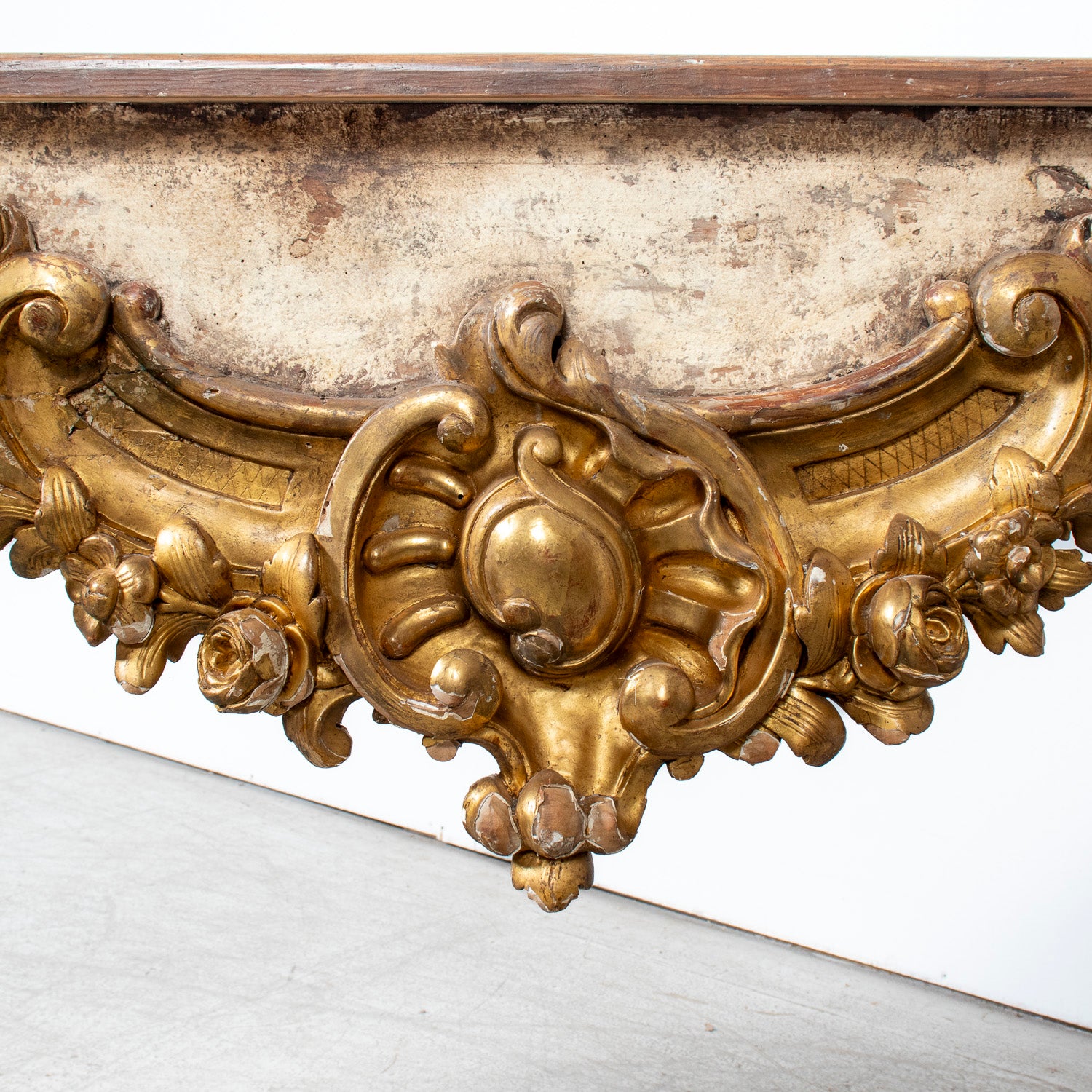 Custom Made French Louis XV Style Painted Rococo Wall Console with 18th-Century Giltwood Pelmet