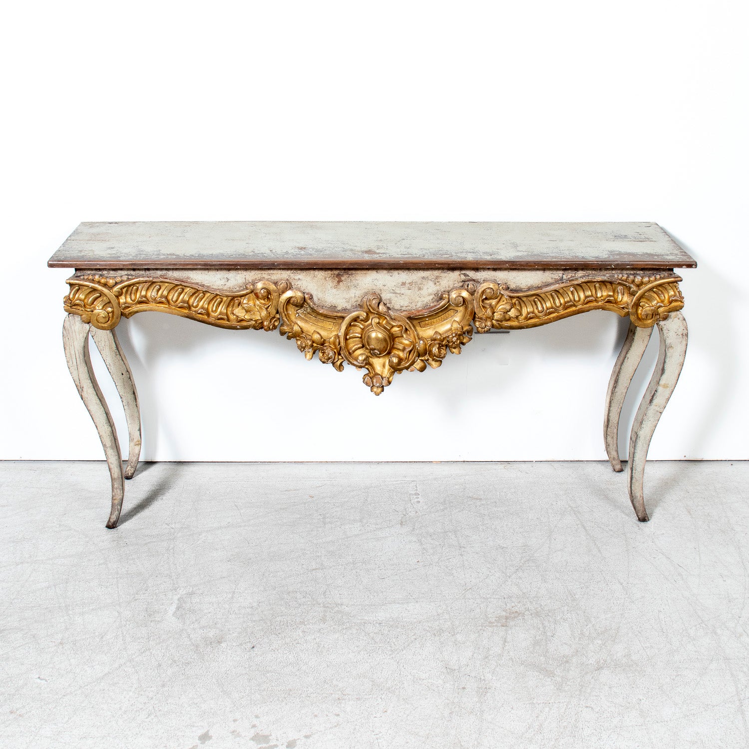 Custom Made French Louis XV Style Painted Rococo Wall Console with 18th-Century Giltwood Pelmet