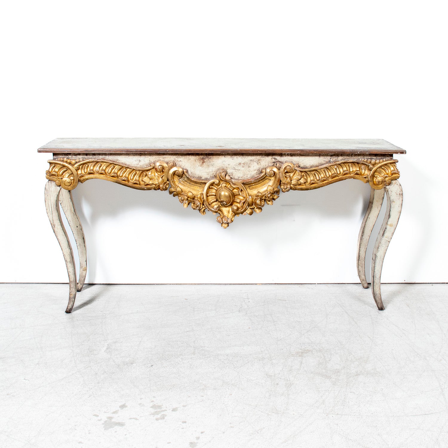 Custom Made French Louis XV Style Painted Rococo Wall Console with 18th-Century Giltwood Pelmet