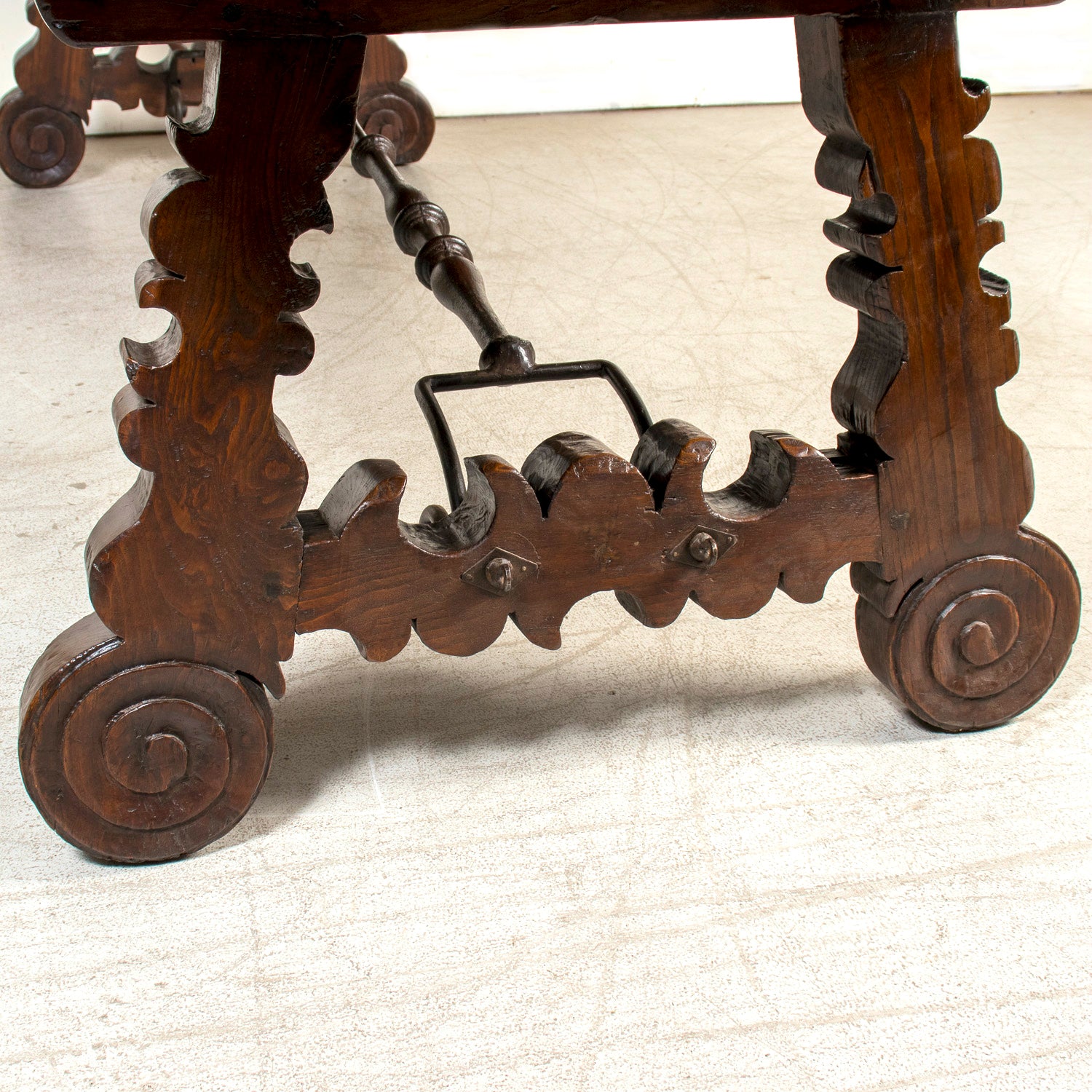 Mid-19th Century Spanish Catalan Carved Oak Dining Trestle Table with Hand Forged Iron Stretcher