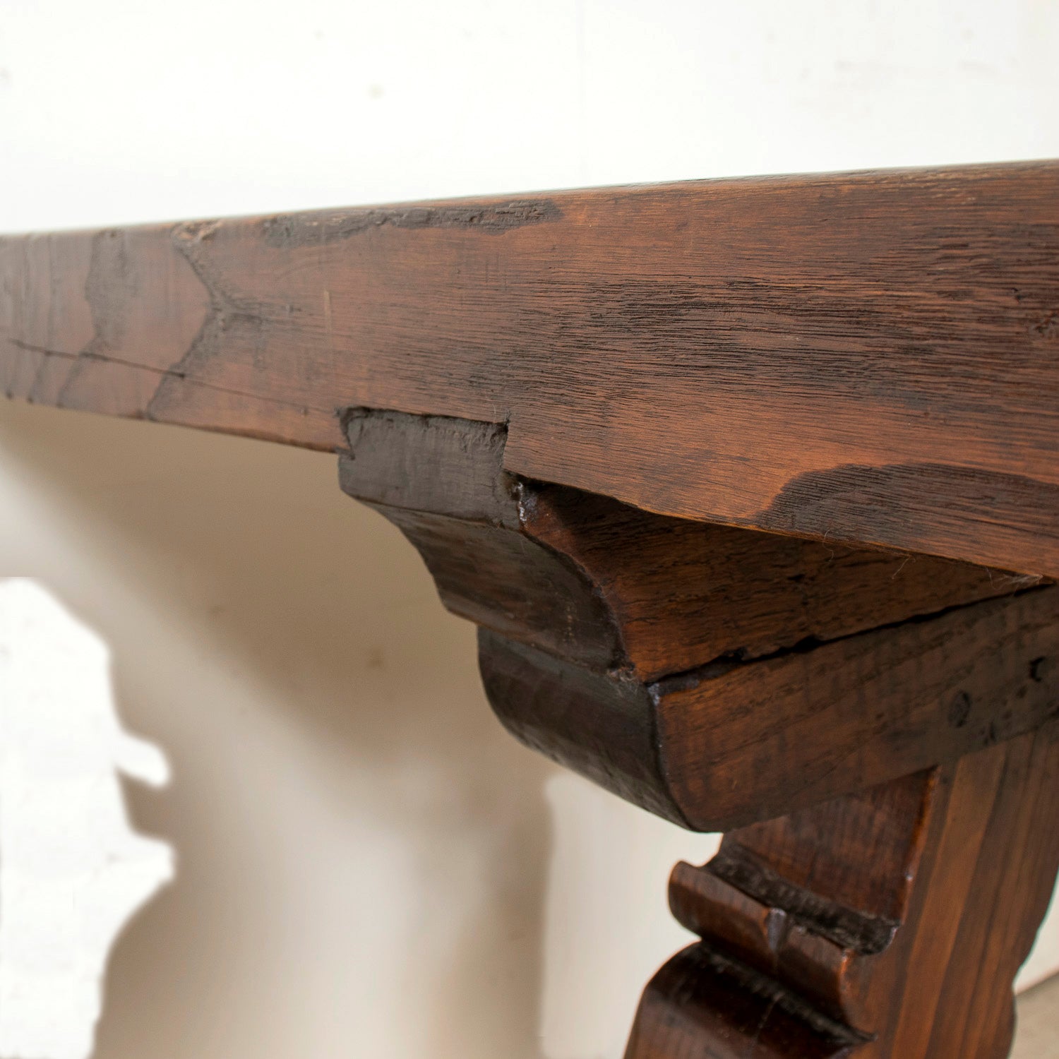 Mid-19th Century Spanish Catalan Carved Oak Dining Trestle Table with Hand Forged Iron Stretcher