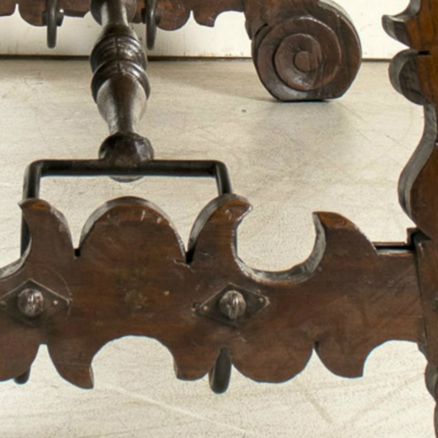 Mid-19th Century Spanish Catalan Carved Oak Dining Trestle Table with Hand Forged Iron Stretcher