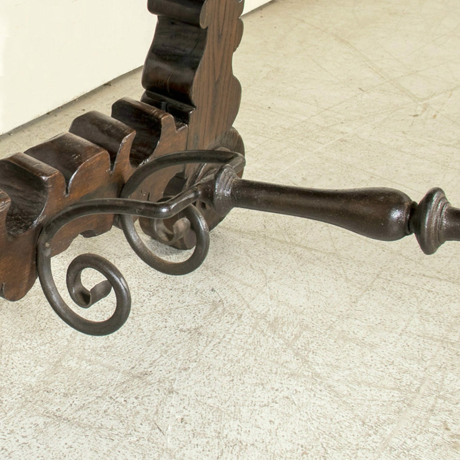 Mid-19th Century Spanish Catalan Carved Oak Dining Trestle Table with Hand Forged Iron Stretcher