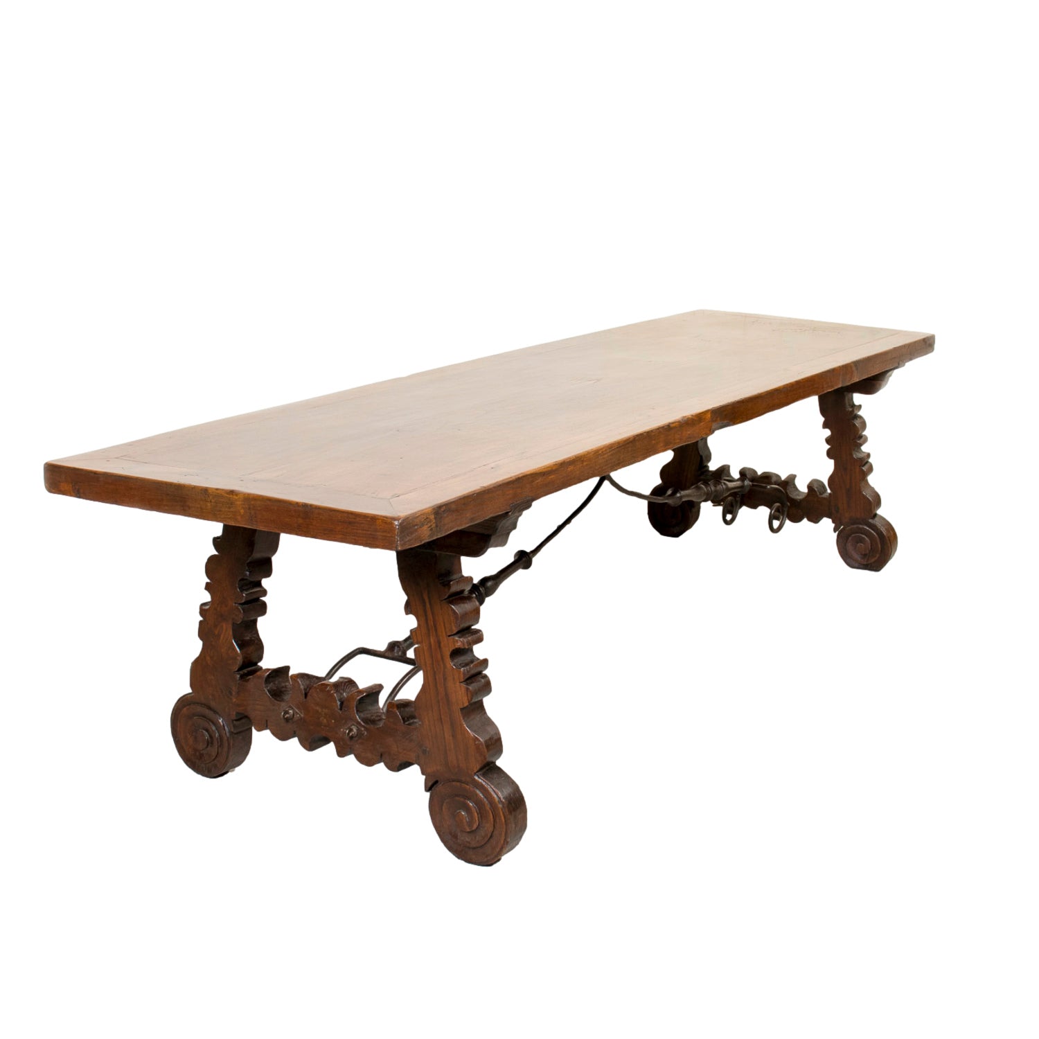 Mid-19th Century Spanish Catalan Carved Oak Dining Trestle Table with Hand Forged Iron Stretcher