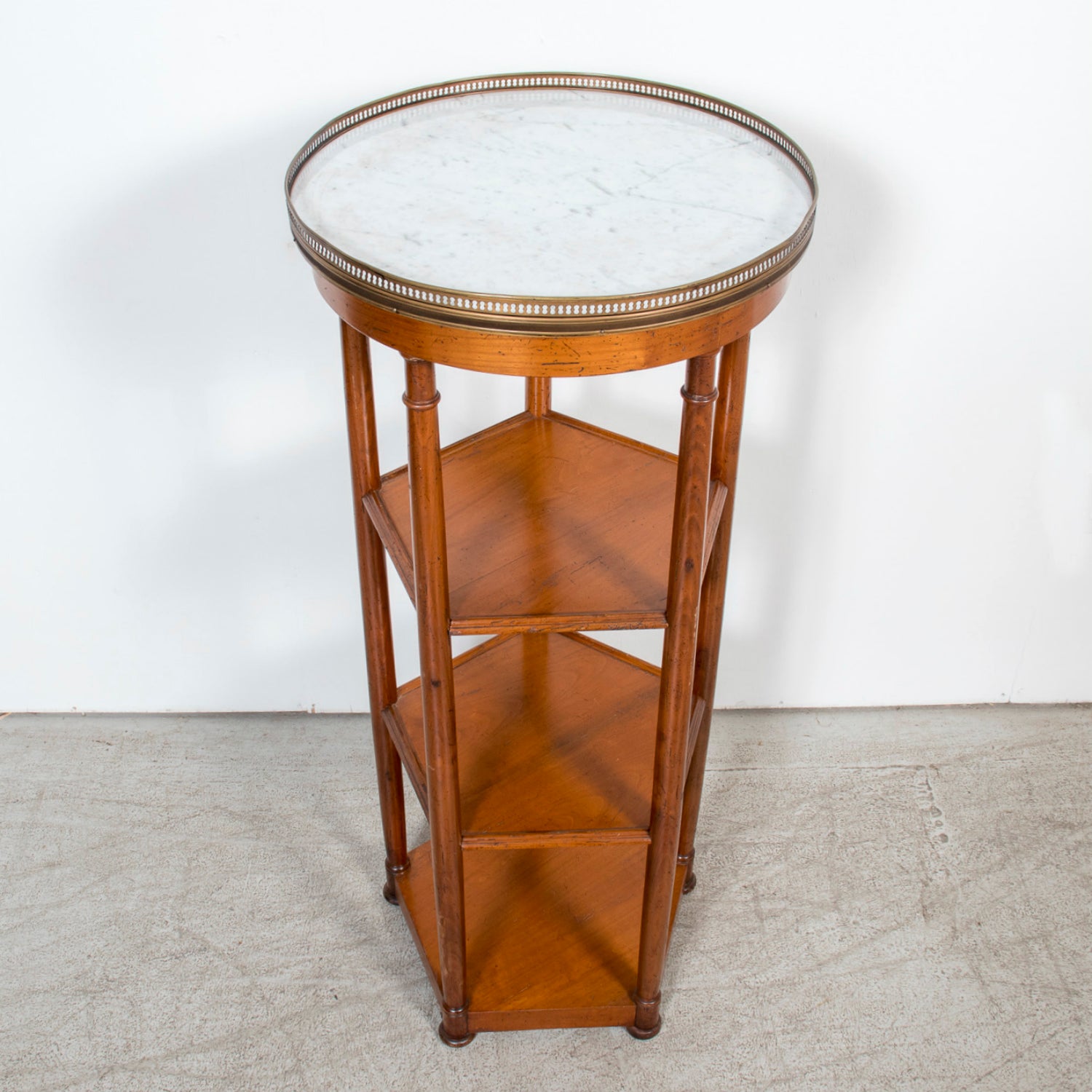 19th Century French Louis XVI Style Walnut Dessert Stand with Carrara Marble Top and Shelves