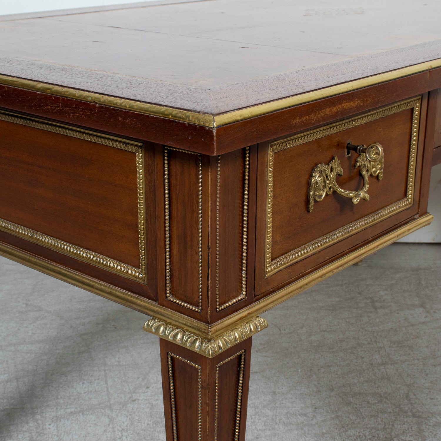 Rare French Louis XVI Style Walnut Partner's Desk with Ormolu Trim and Original Leather Top