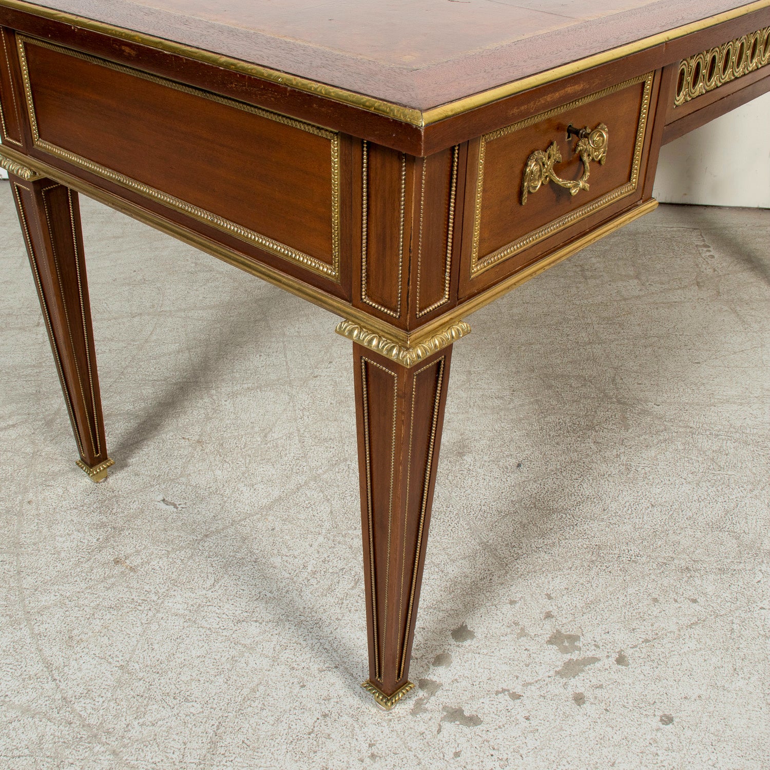 Rare French Louis XVI Style Walnut Partner's Desk with Ormolu Trim and Original Leather Top