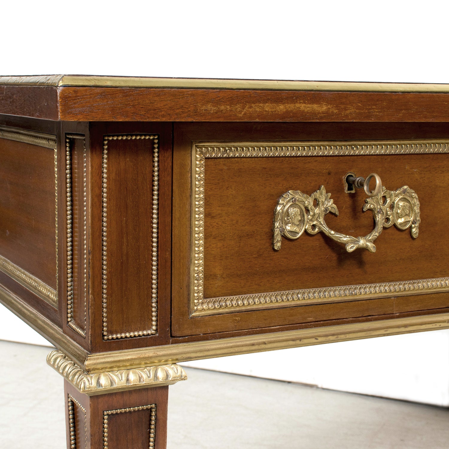 Rare French Louis XVI Style Walnut Partner's Desk with Ormolu Trim and Original Leather Top