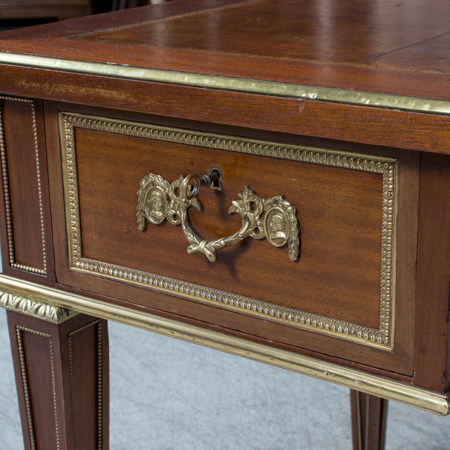 Rare French Louis XVI Style Walnut Partner's Desk with Ormolu Trim and Original Leather Top