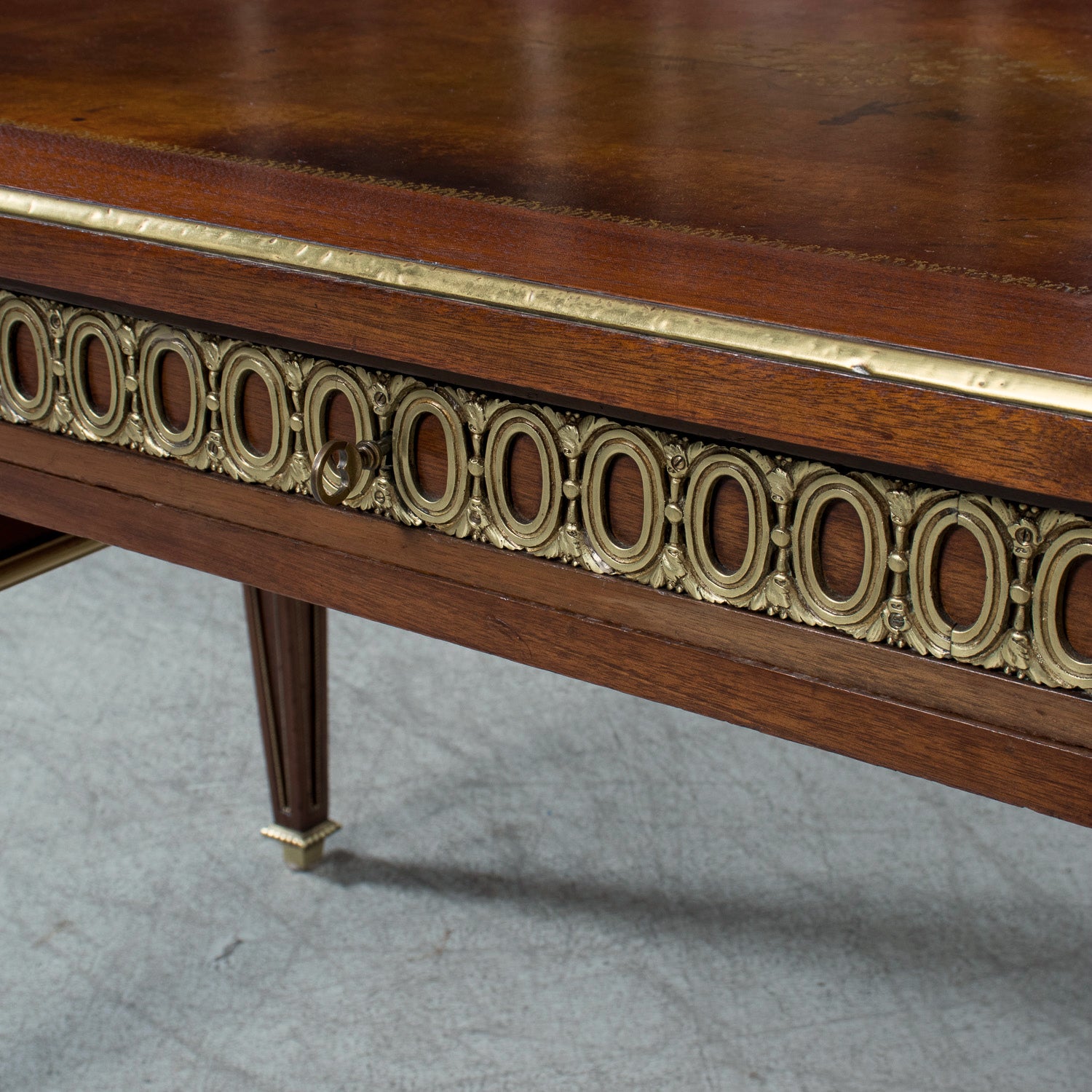 Rare French Louis XVI Style Walnut Partner's Desk with Ormolu Trim and Original Leather Top