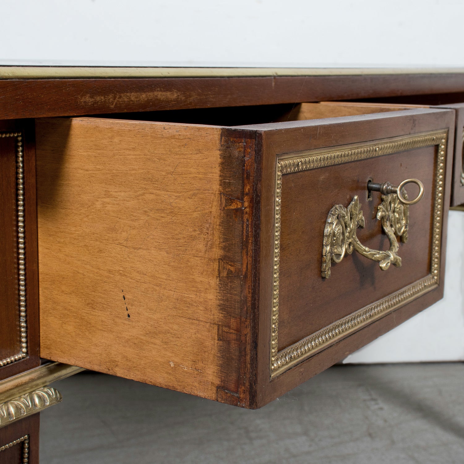 Rare French Louis XVI Style Walnut Partner's Desk with Ormolu Trim and Original Leather Top