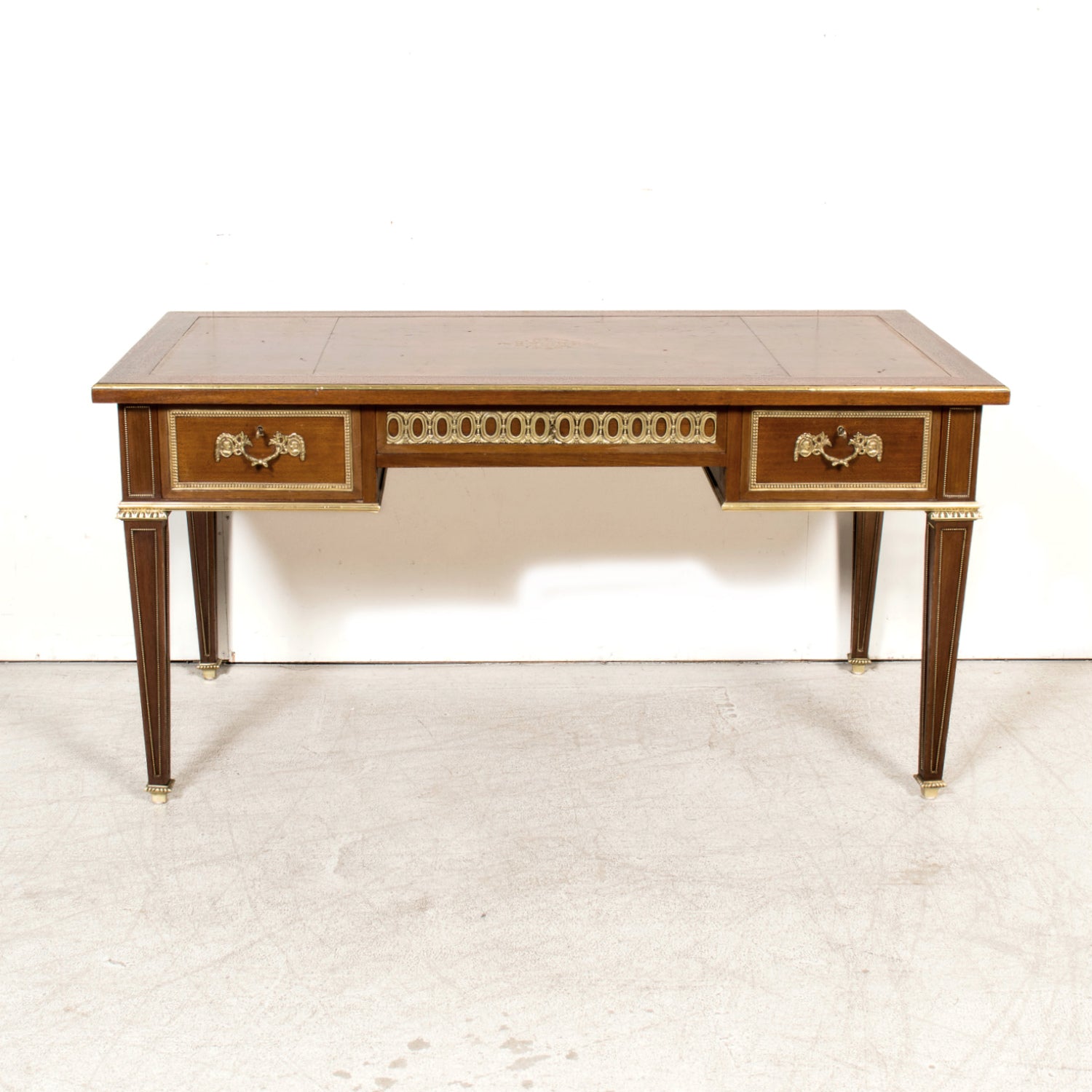 Rare French Louis XVI Style Walnut Partner's Desk with Ormolu Trim and Original Leather Top
