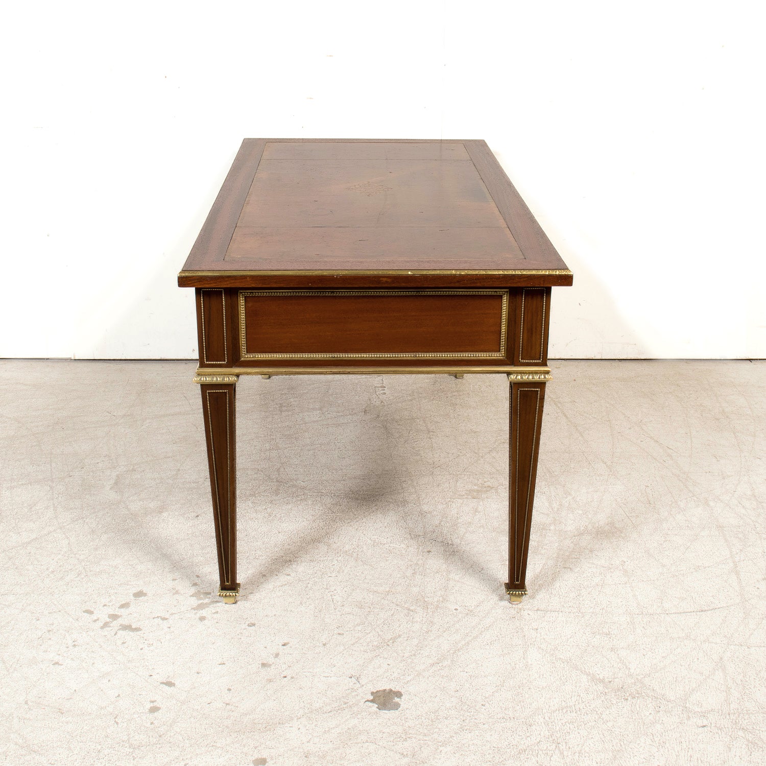 Rare French Louis XVI Style Walnut Partner's Desk with Ormolu Trim and Original Leather Top