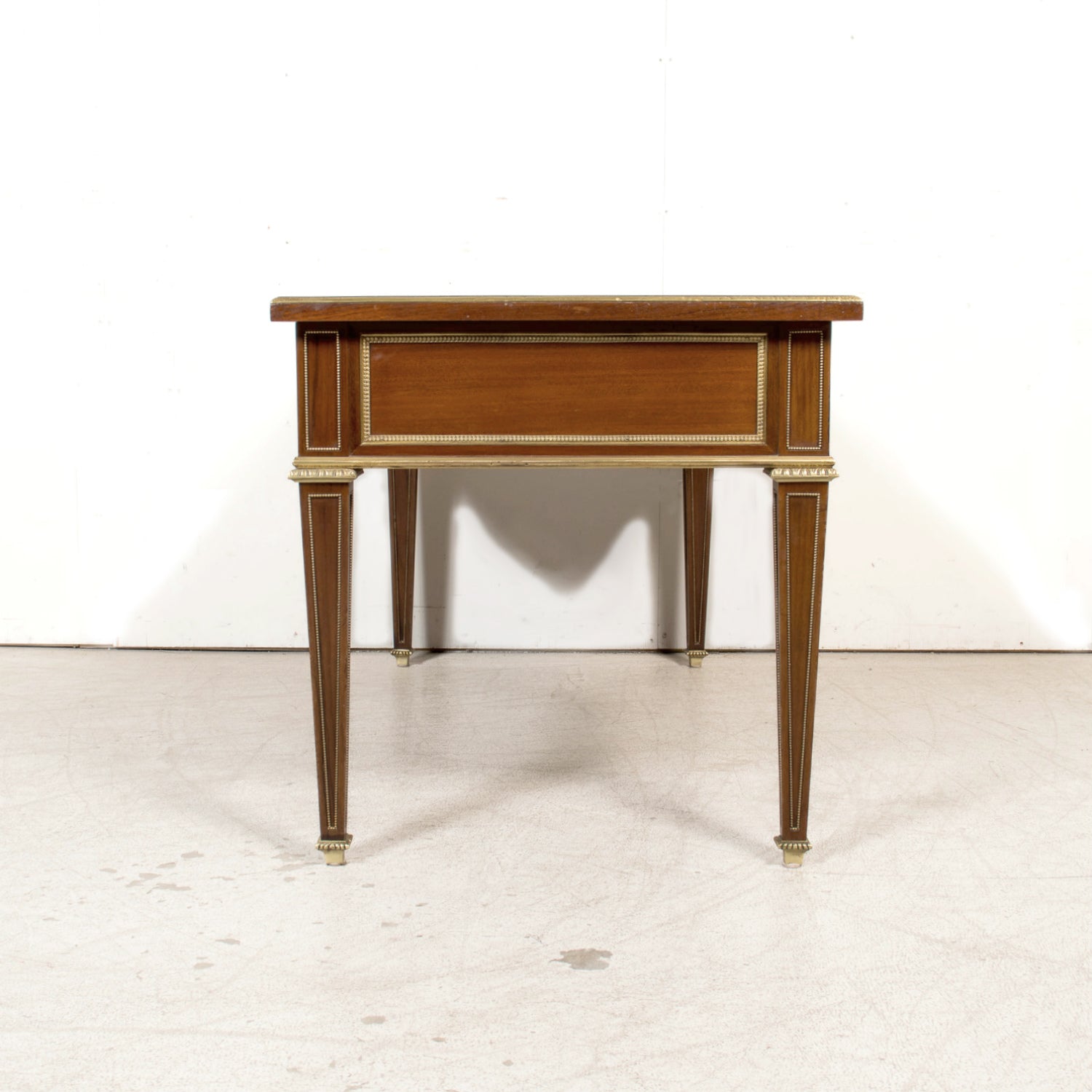 Rare French Louis XVI Style Walnut Partner's Desk with Ormolu Trim and Original Leather Top