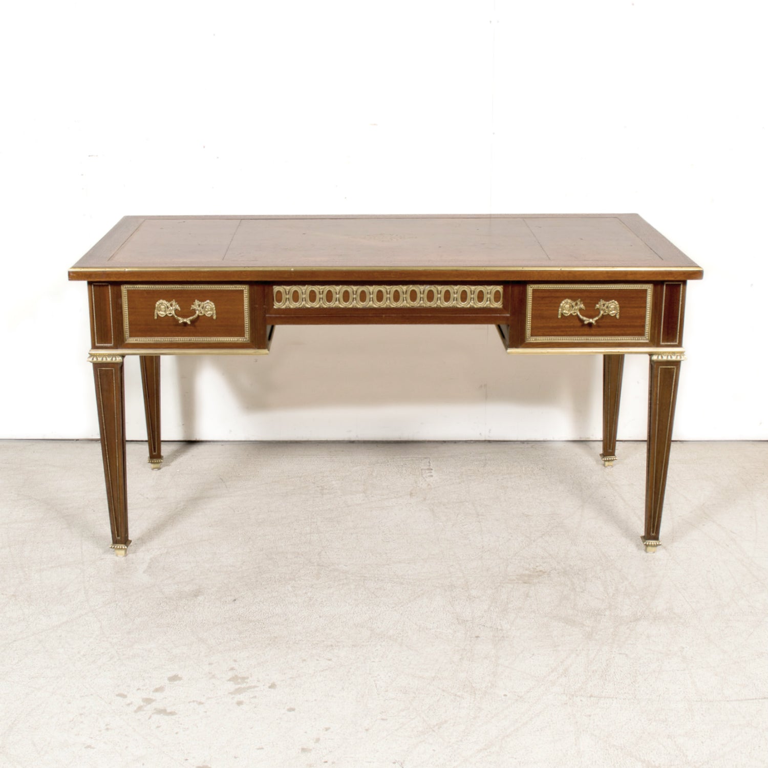 Rare French Louis XVI Style Walnut Partner's Desk with Ormolu Trim and Original Leather Top
