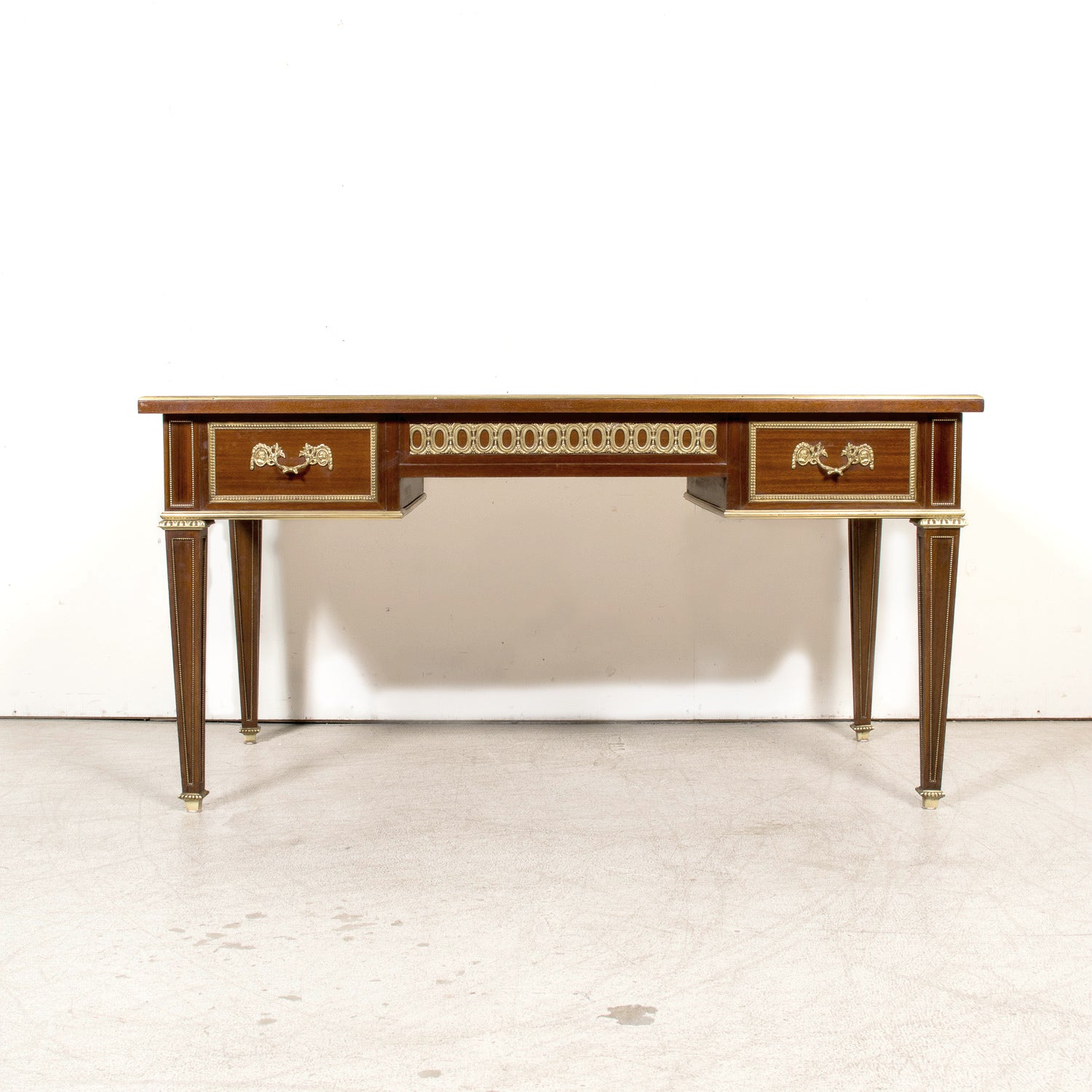 Rare French Louis XVI Style Walnut Partner's Desk with Ormolu Trim and Original Leather Top