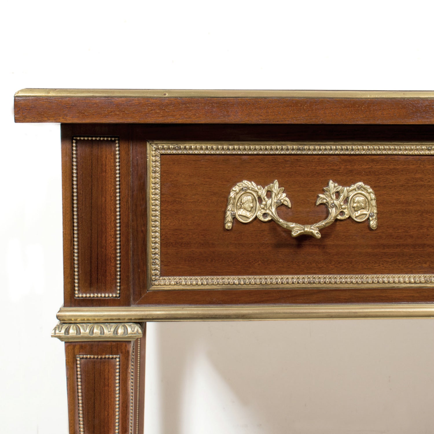 Rare French Louis XVI Style Walnut Partner's Desk with Ormolu Trim and Original Leather Top