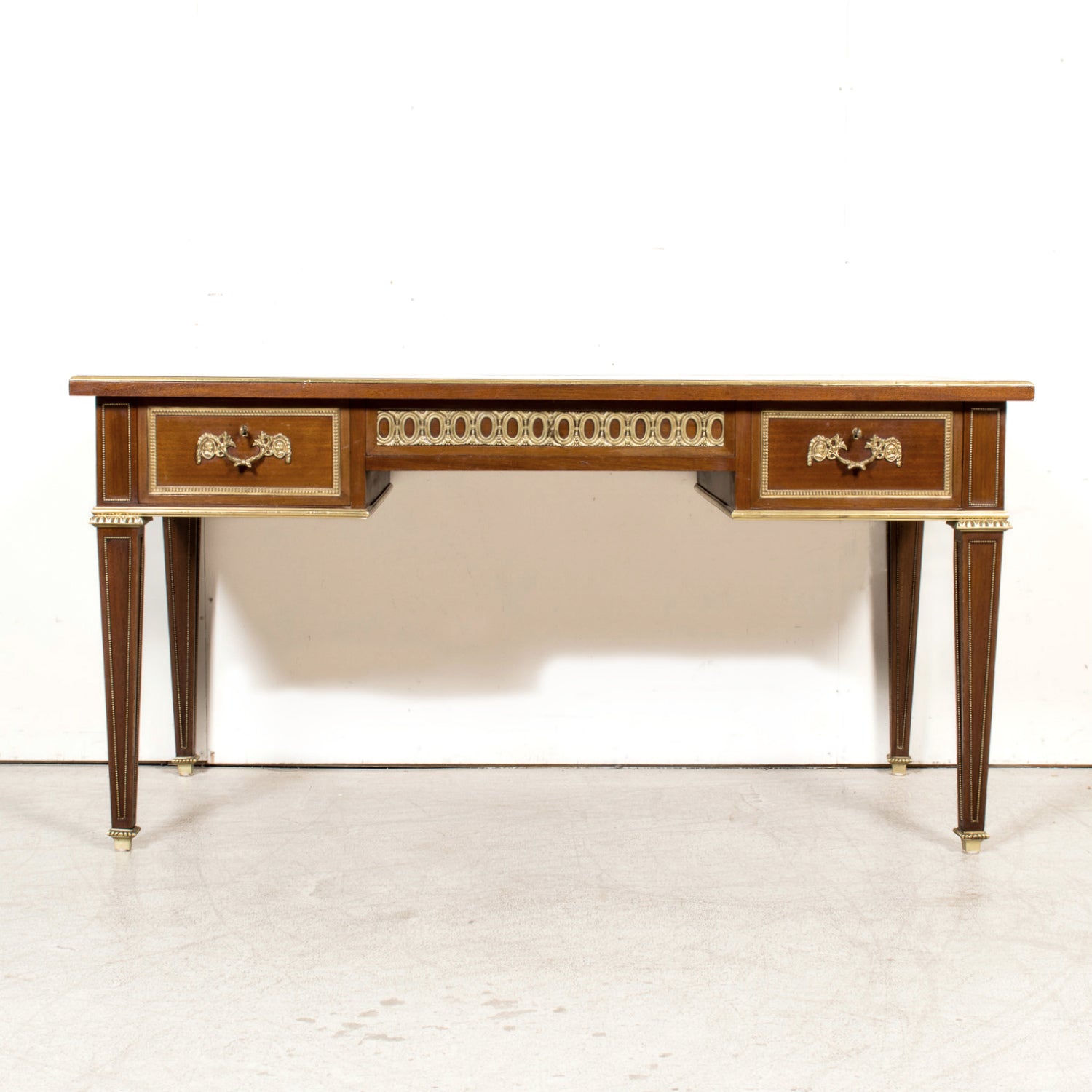 Rare French Louis XVI Style Walnut Partner's Desk with Ormolu Trim and Original Leather Top