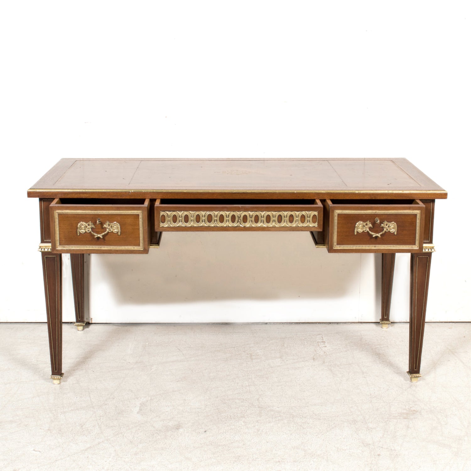 Rare French Louis XVI Style Walnut Partner's Desk with Ormolu Trim and Original Leather Top